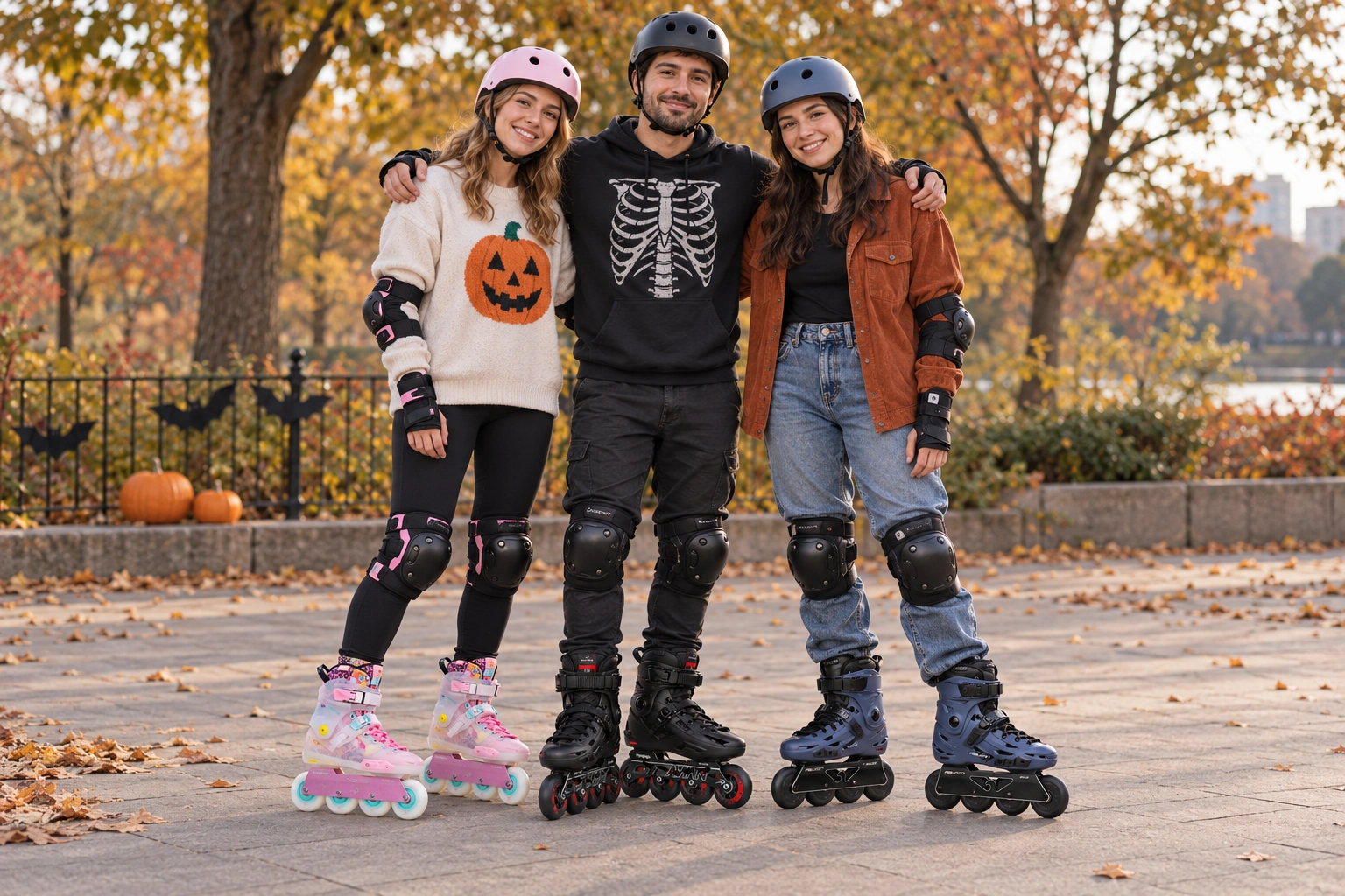 Three adult friends wearing Flying Eagle inline skates and Halloween-inspired autumn outfits posing together in a park