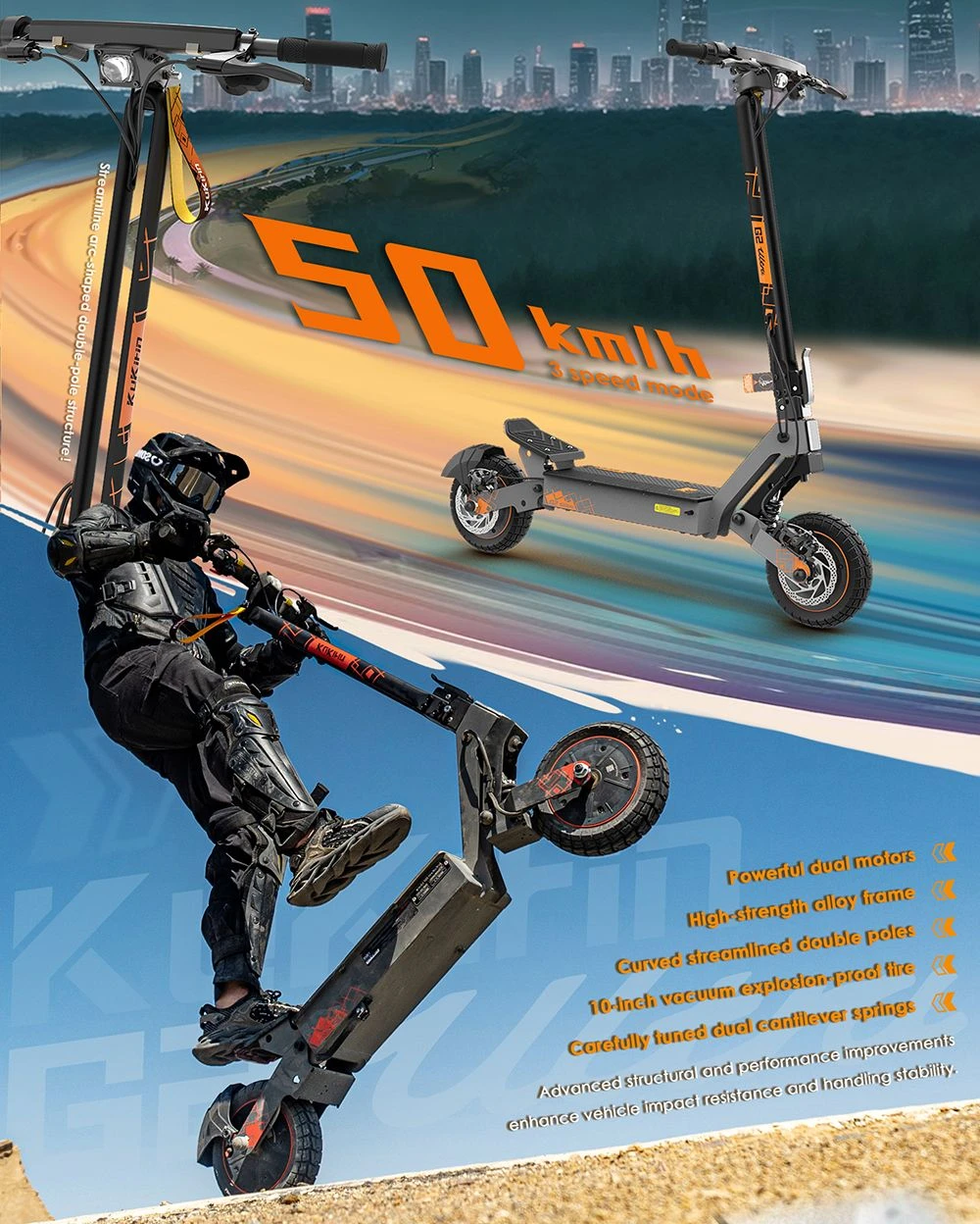 KuKirin G2 Ultra Folding Electric Scooter, 800W*2 Motor, 48V 18Ah Battery, 10 inch Tires, 50km/h Max Speed, 55km Max Range, Front & Rear Disc Brake, Front & Rear Spring Shock Absorbers
