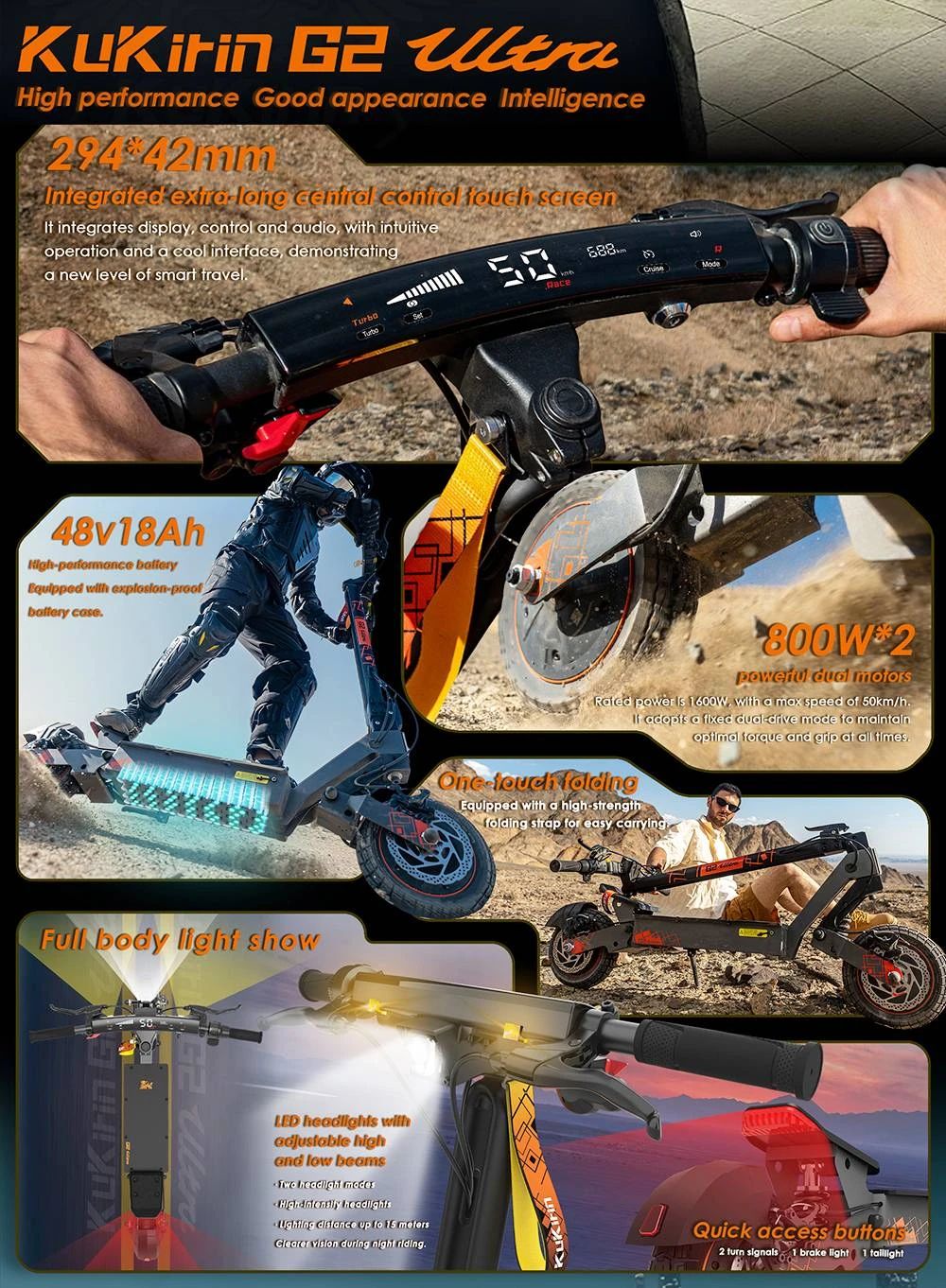 KuKirin G2 Ultra Folding Electric Scooter, 800W*2 Motor, 48V 18Ah Battery, 10 inch Tires, 50km/h Max Speed, 55km Max Range, Front & Rear Disc Brake, Front & Rear Spring Shock Absorbers