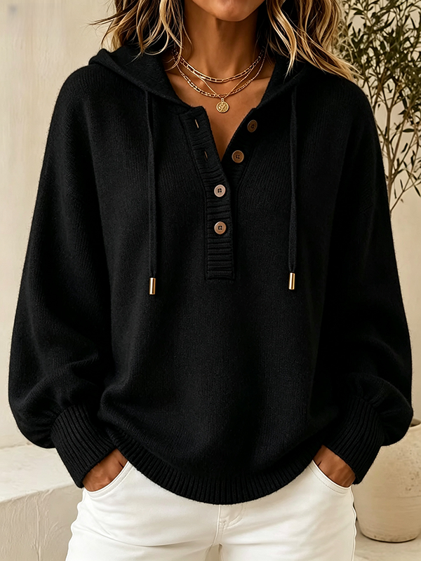 Women's Hooded Knit Sweater – Button Detail Soft Pullover Casual Jumper