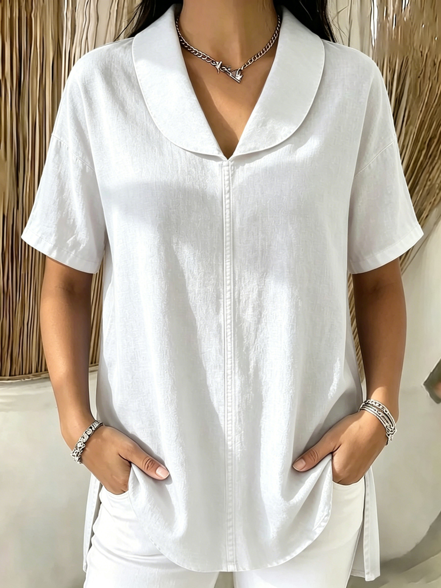 [Copy]New Arrivals🔥 Women's Peter Pan Collar V-neck Short-sleeve Cotton-linen Top