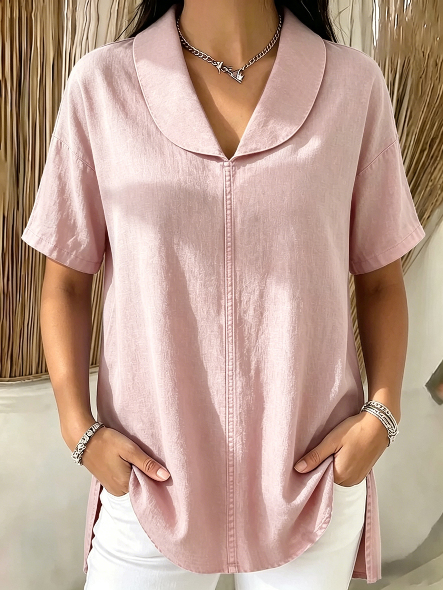 [Copy]New Arrivals🔥 Women's Peter Pan Collar V-neck Short-sleeve Cotton-linen Top
