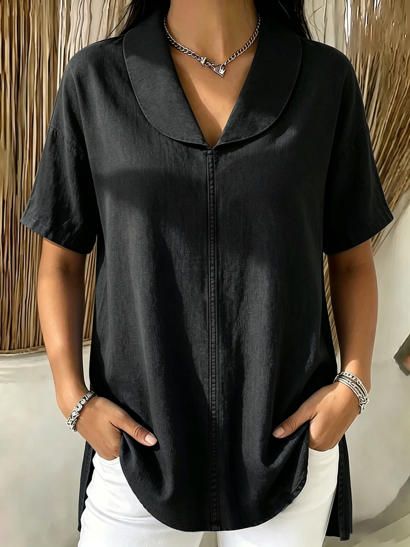 [Copy]New Arrivals🔥 Women's Peter Pan Collar V-neck Short-sleeve Cotton-linen Top