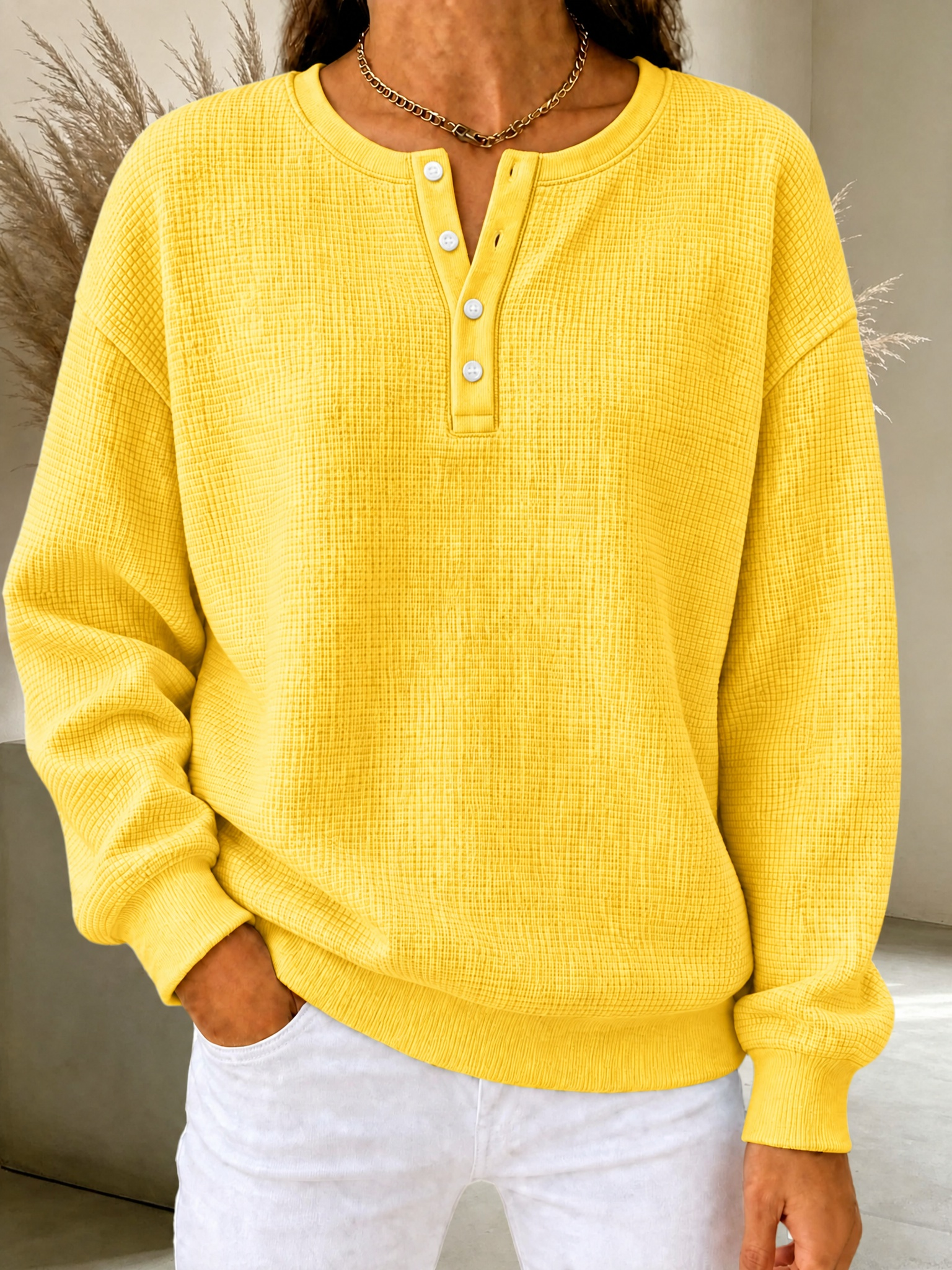 CLEARANCE SALE🔥Women's Waffle Knit Henley Sweatshirt