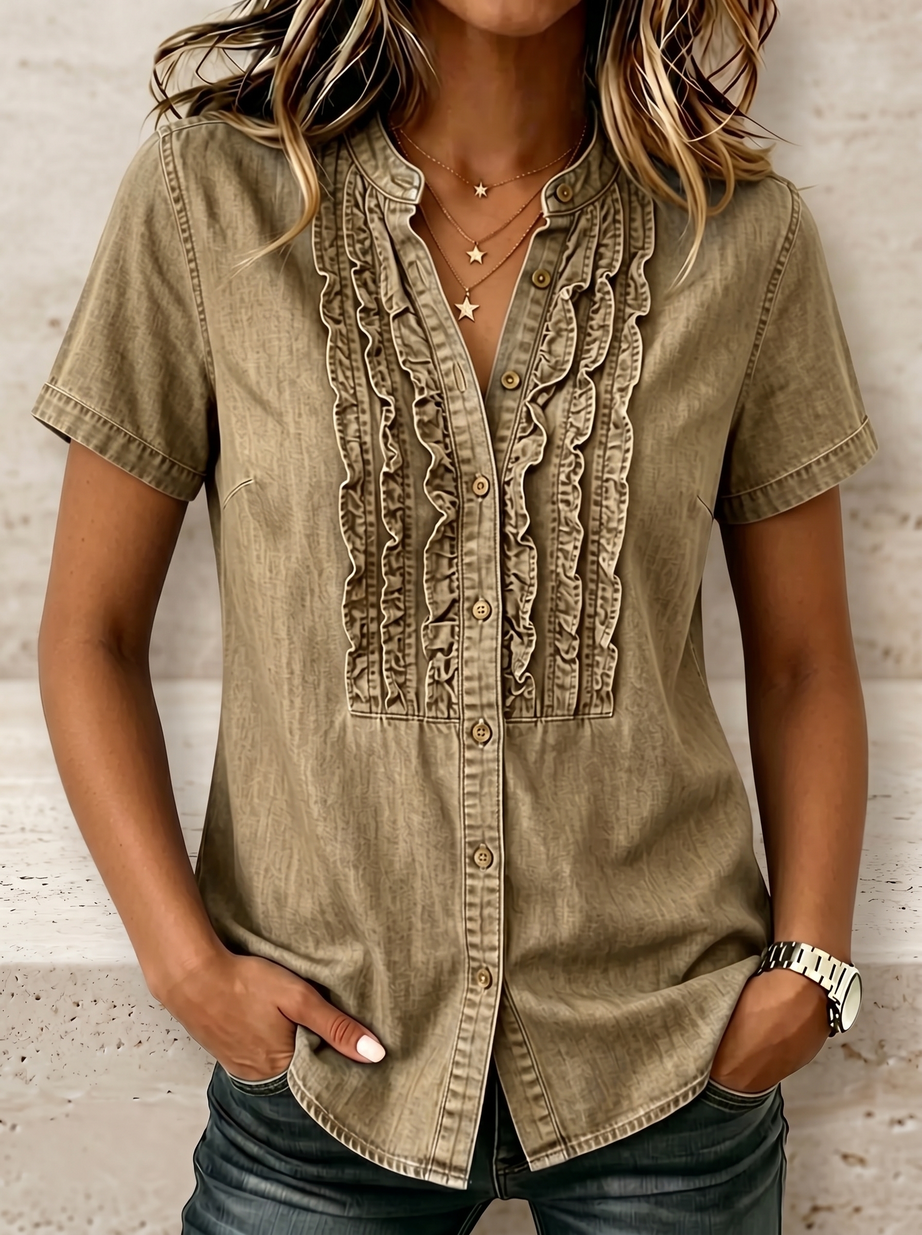 NEW🔥Women's V-neck Short-sleeved Casual Button-up Loose Denim Top