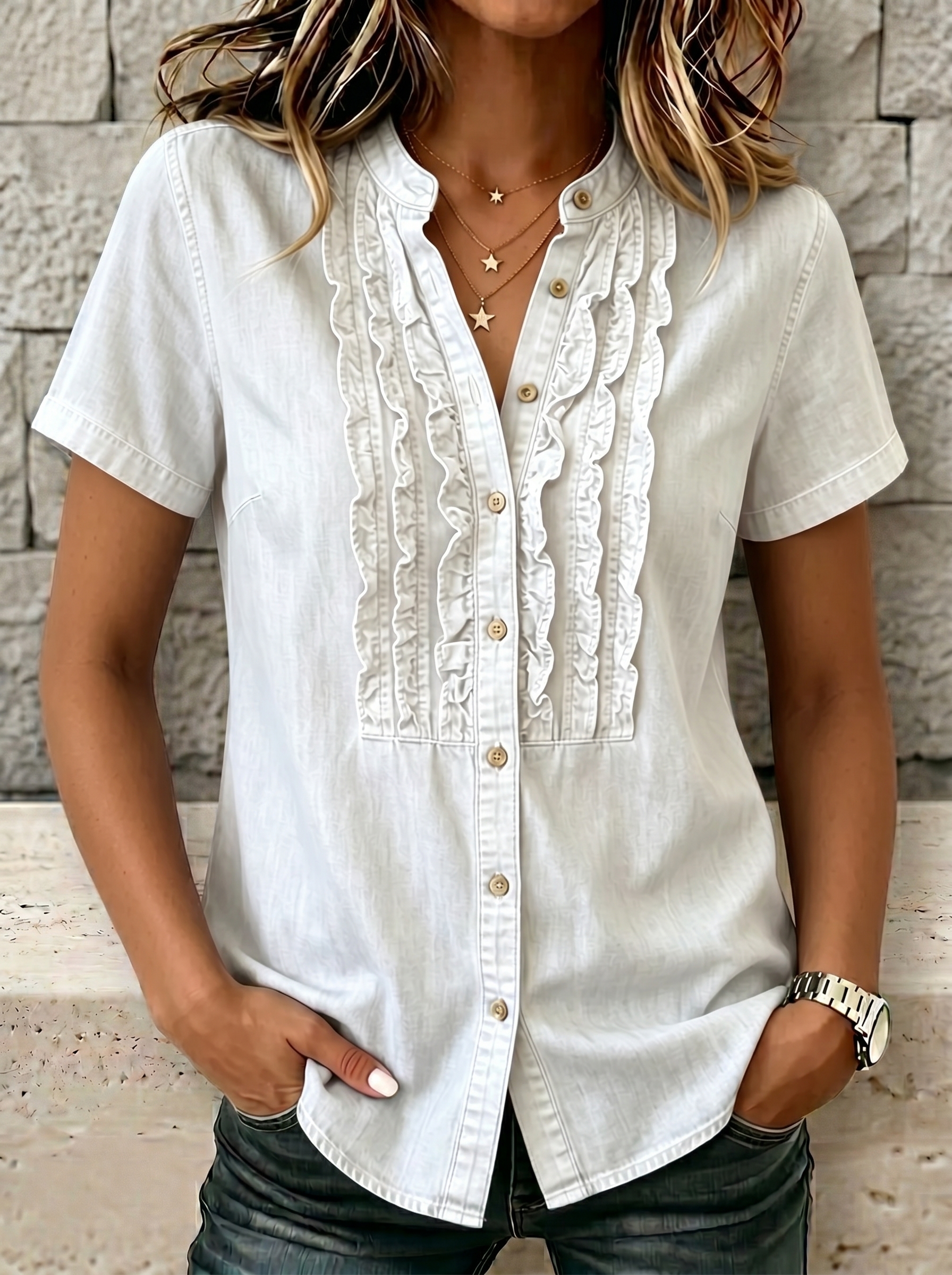 NEW🔥Women's V-neck Short-sleeved Casual Button-up Loose Denim Top