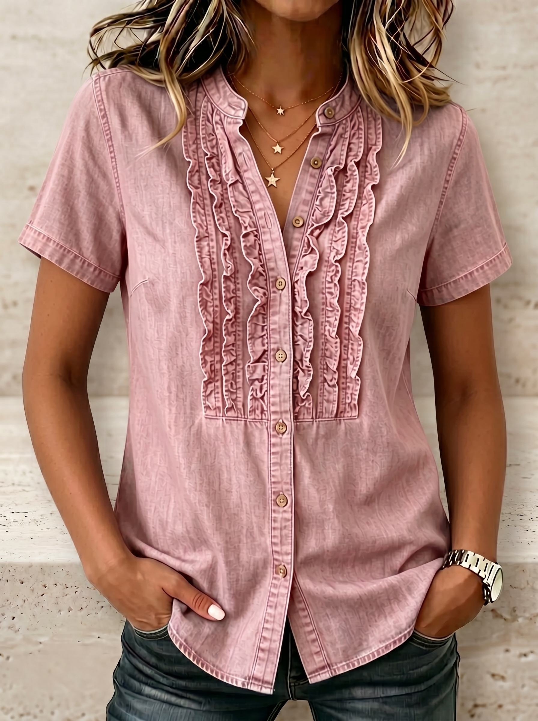 NEW🔥Women's V-neck Short-sleeved Casual Button-up Loose Denim Top
