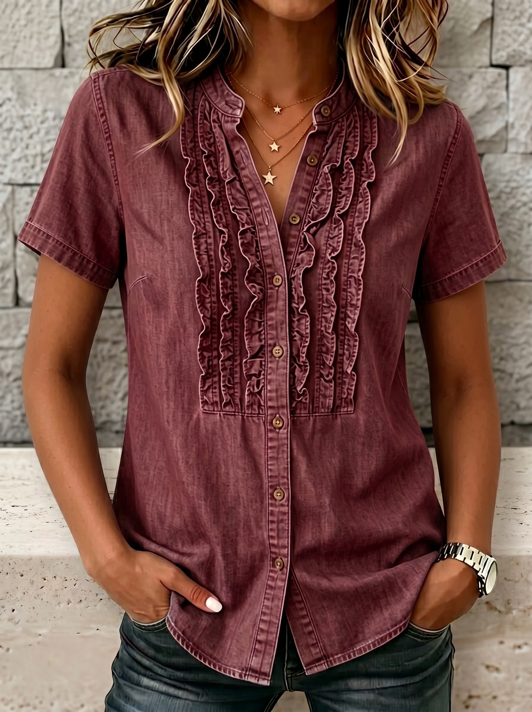 NEW🔥Women's V-neck Short-sleeved Casual Button-up Loose Denim Top