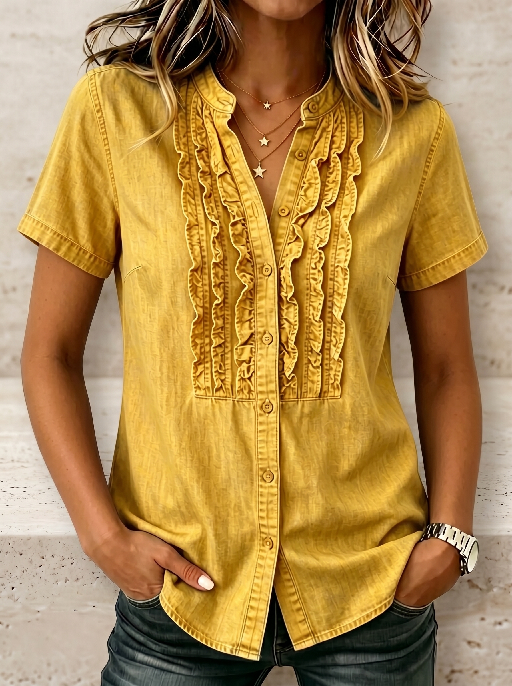 NEW🔥Women's V-neck Short-sleeved Casual Button-up Loose Denim Top