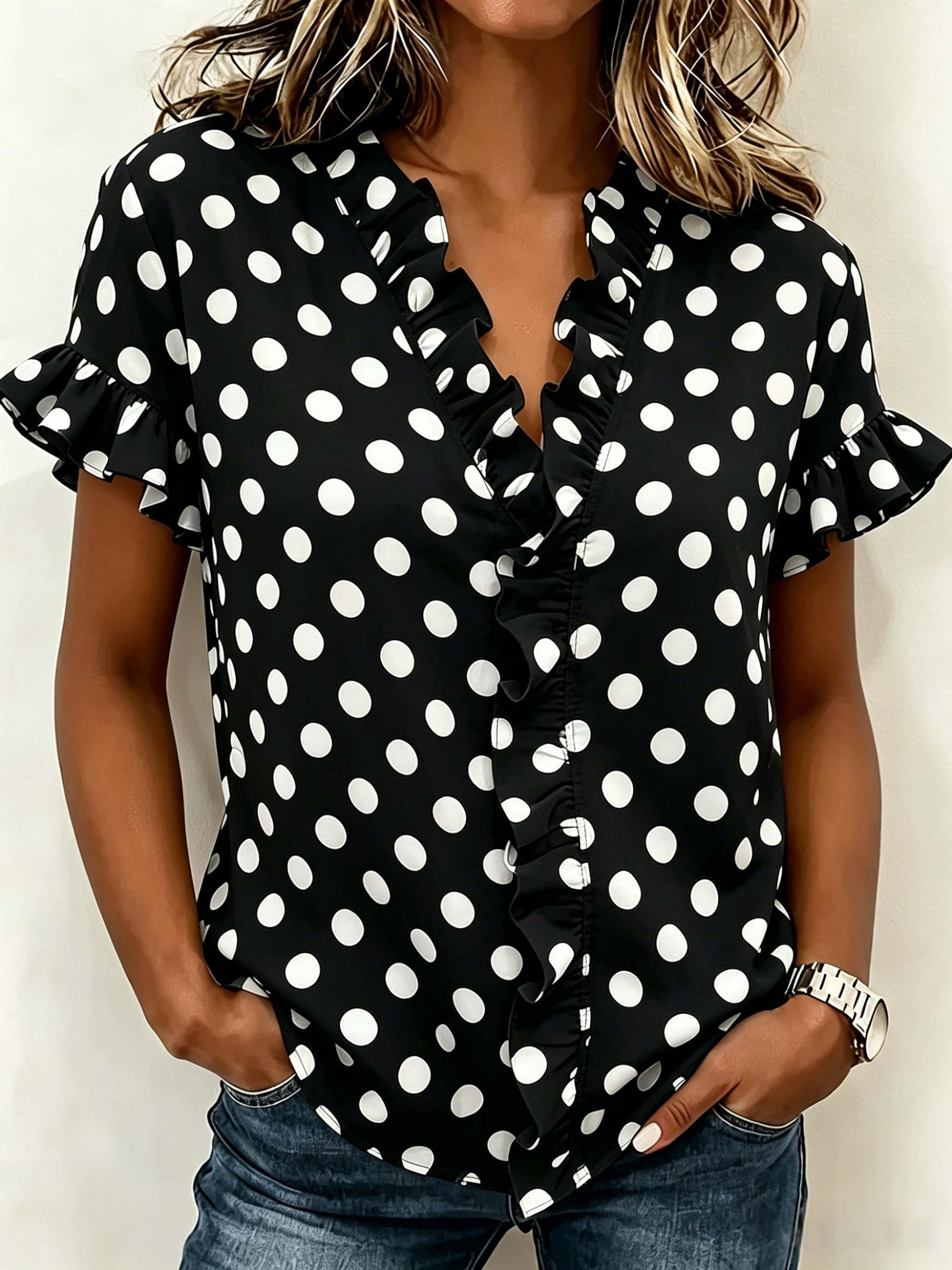 Women’s Cotton Linen Polka Dot V-Neck Ruffle Short-Sleeve Top