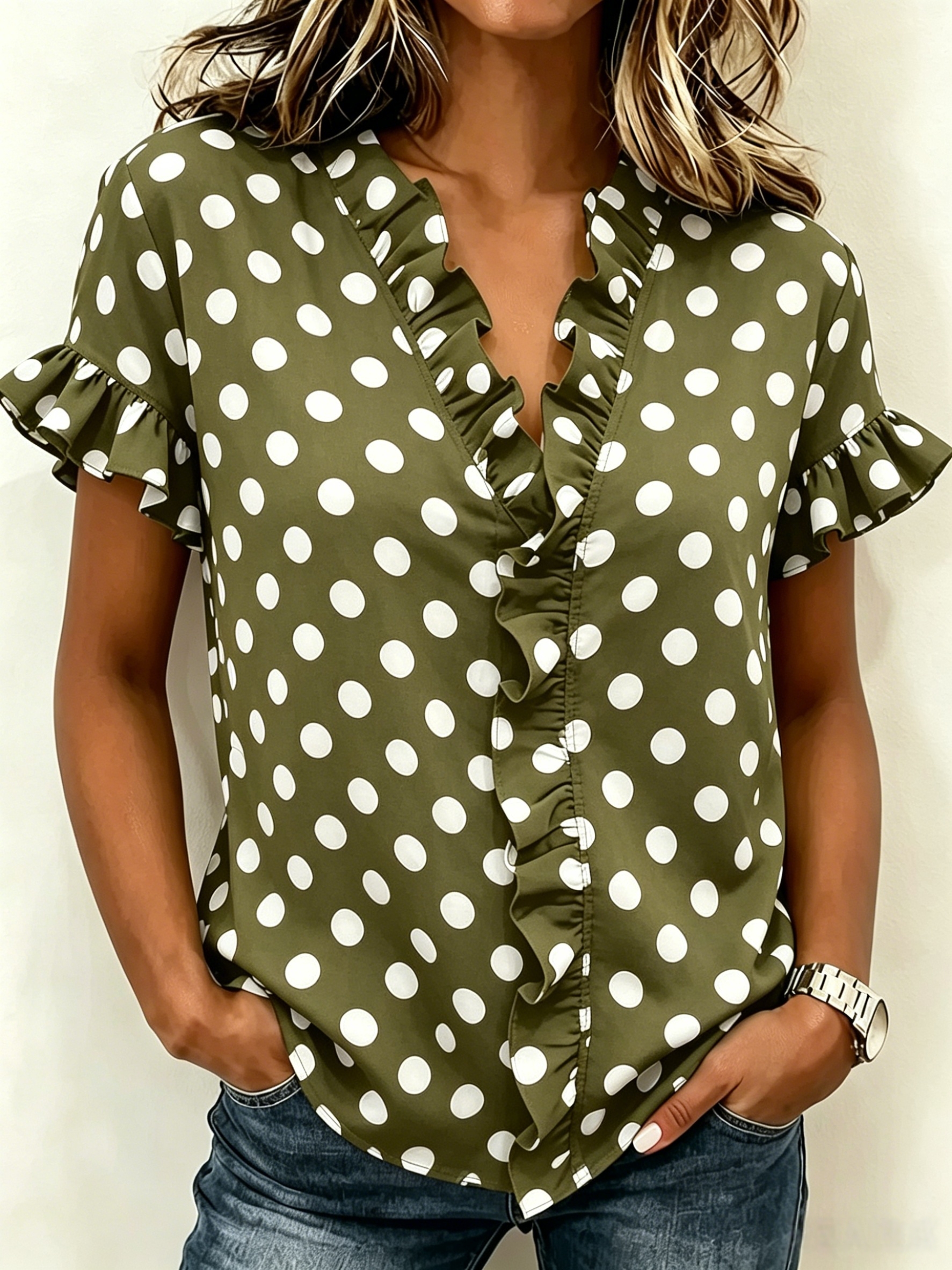 Women’s Cotton Linen Polka Dot V-Neck Ruffle Short-Sleeve Top