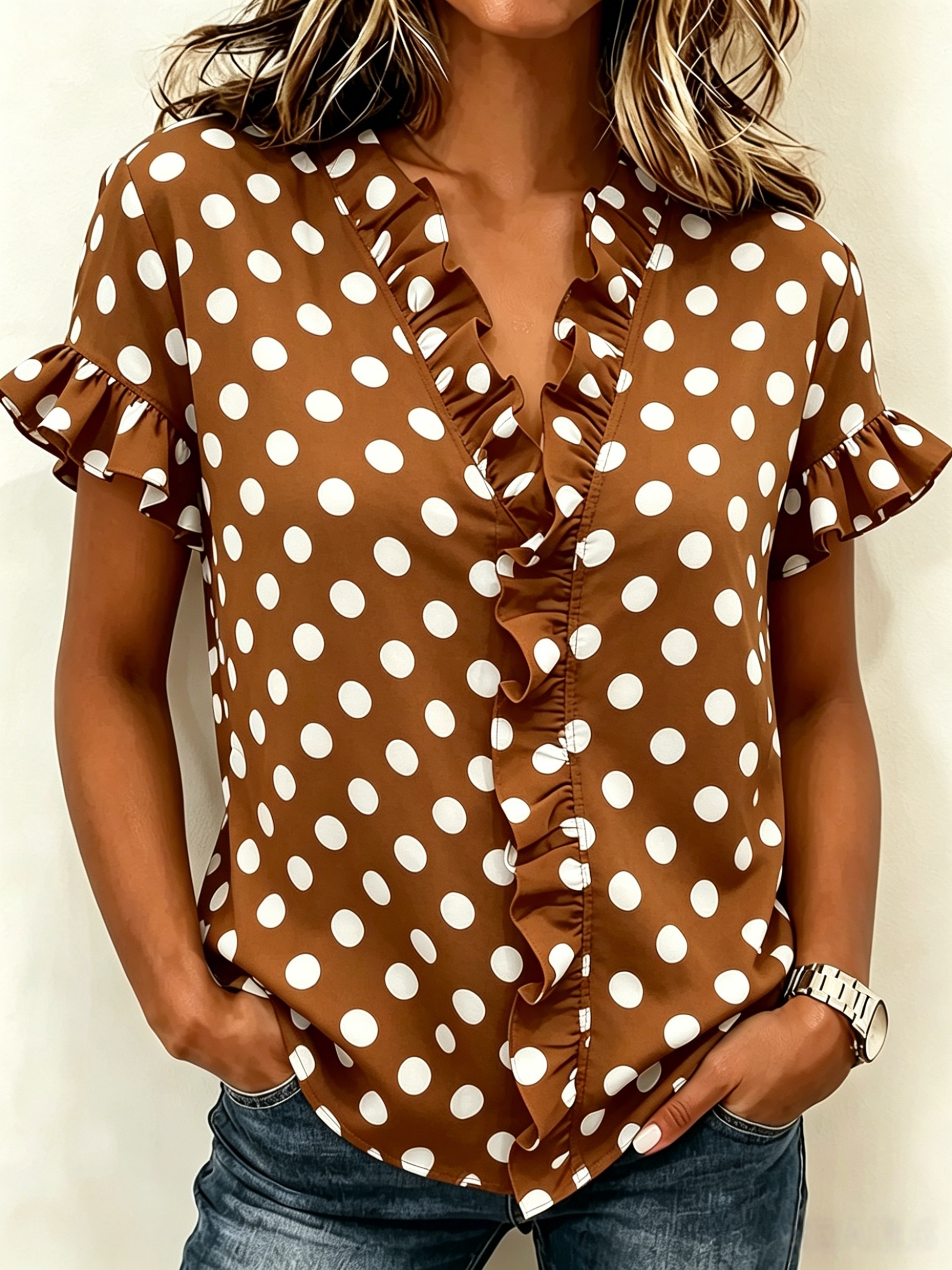 Women’s Cotton Linen Polka Dot V-Neck Ruffle Short-Sleeve Top