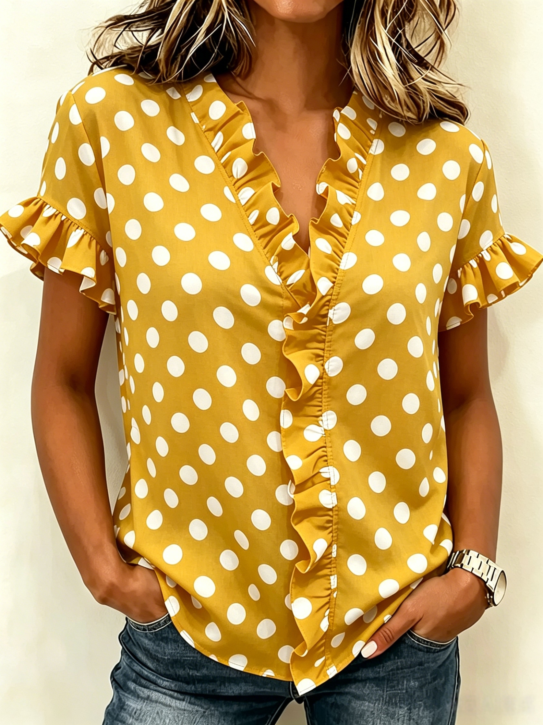 Women’s Cotton Linen Polka Dot V-Neck Ruffle Short-Sleeve Top
