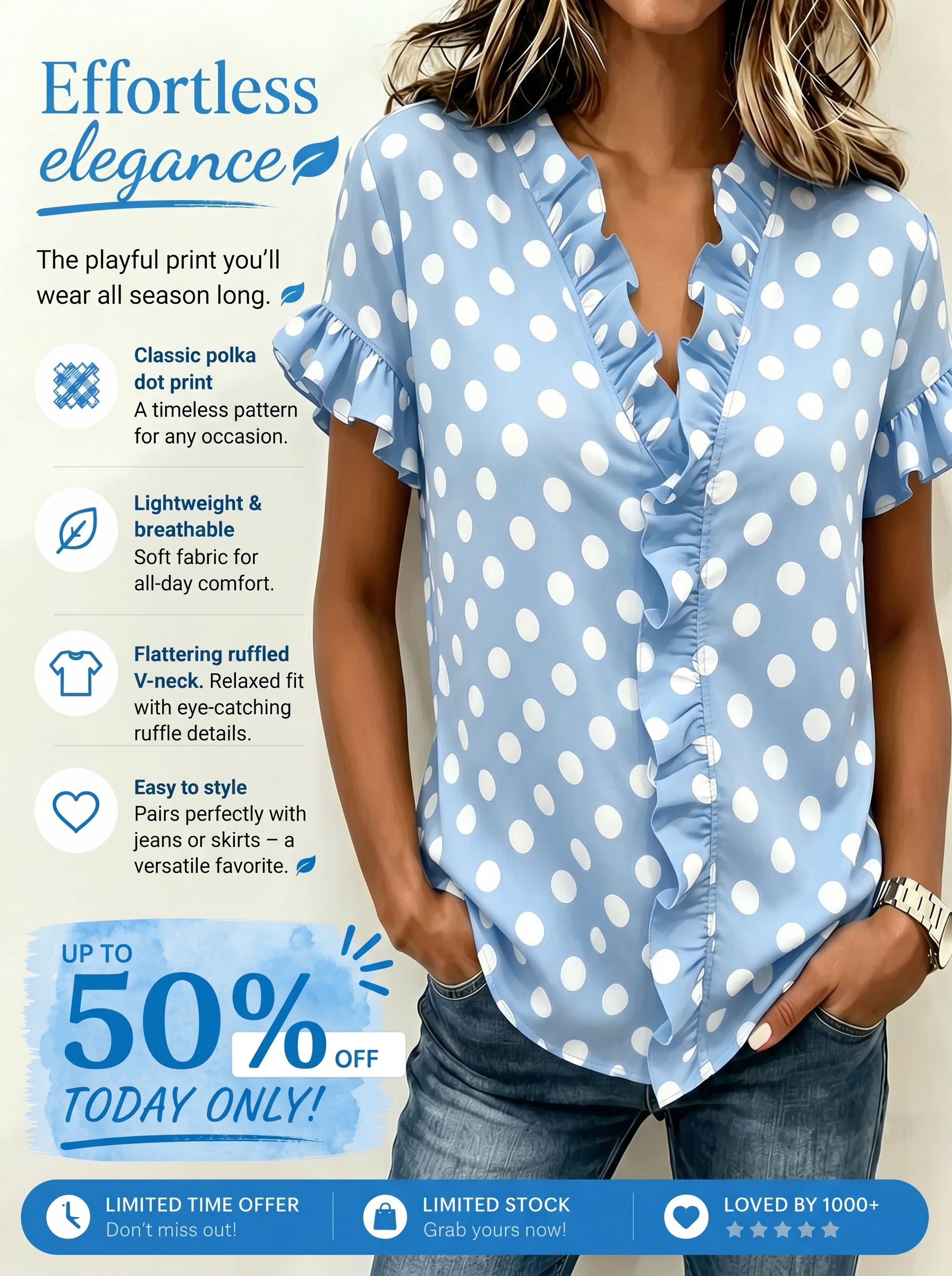 Today 50% off🔥Women’s Cotton Linen Polka Dot V-Neck Ruffle Top