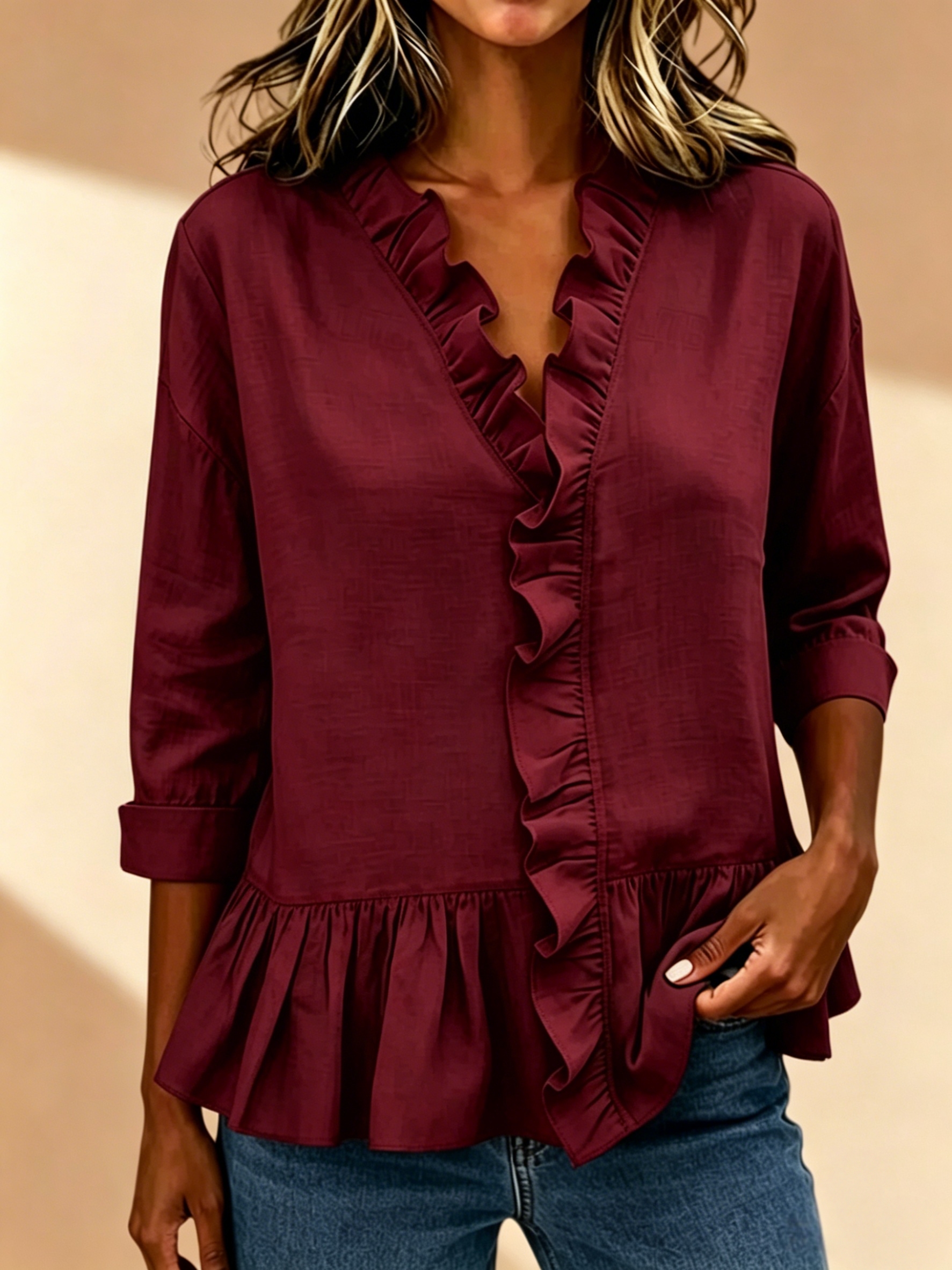 Today 49% off🔥Women’s Solid Ruffled V-Neck Top