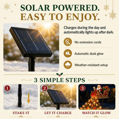 Solar Santa sleigh setup steps showing stake, charging panel, and nighttime glow
