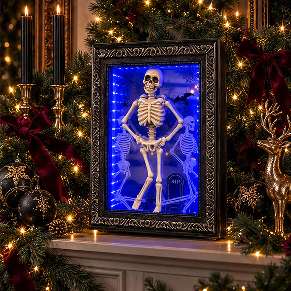 Lighted skeleton frame in a gothic Christmas mantel display