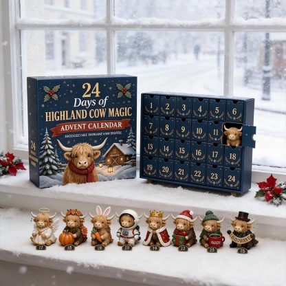 Highland cow calendar and figures on a snowy windowsill