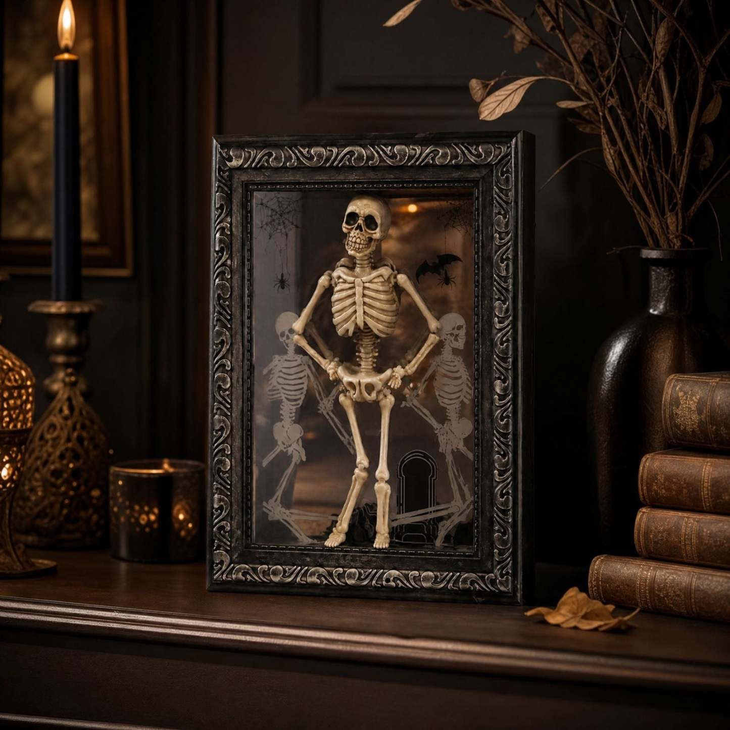 Dancing skeleton frame beside books and gothic decor