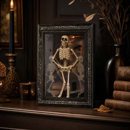 Dancing skeleton frame beside books and gothic decor