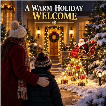 Adult and child viewing a glowing Solar Santa sleigh display beside a front path