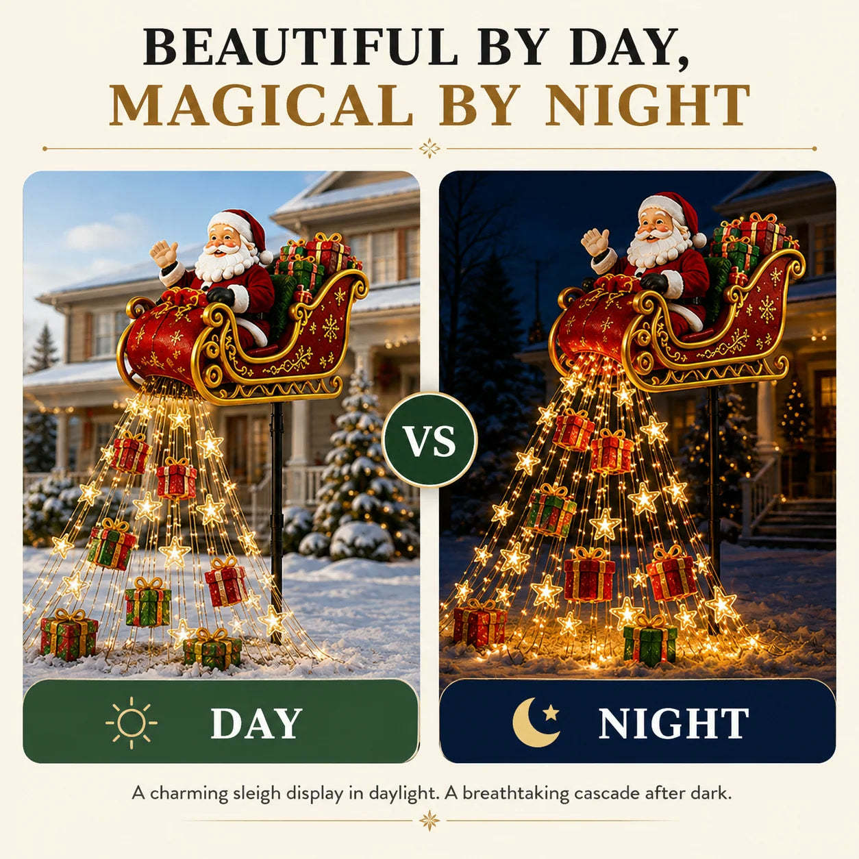 Supplied day and night comparison of the Santa sleigh garden display