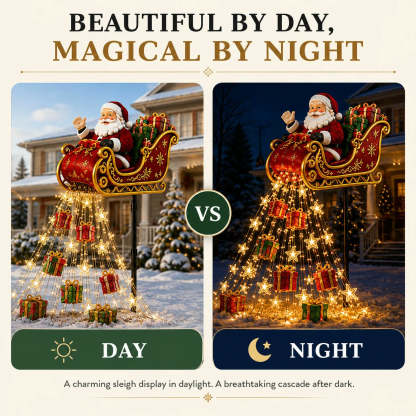 Supplied day and night comparison of the Santa sleigh garden display