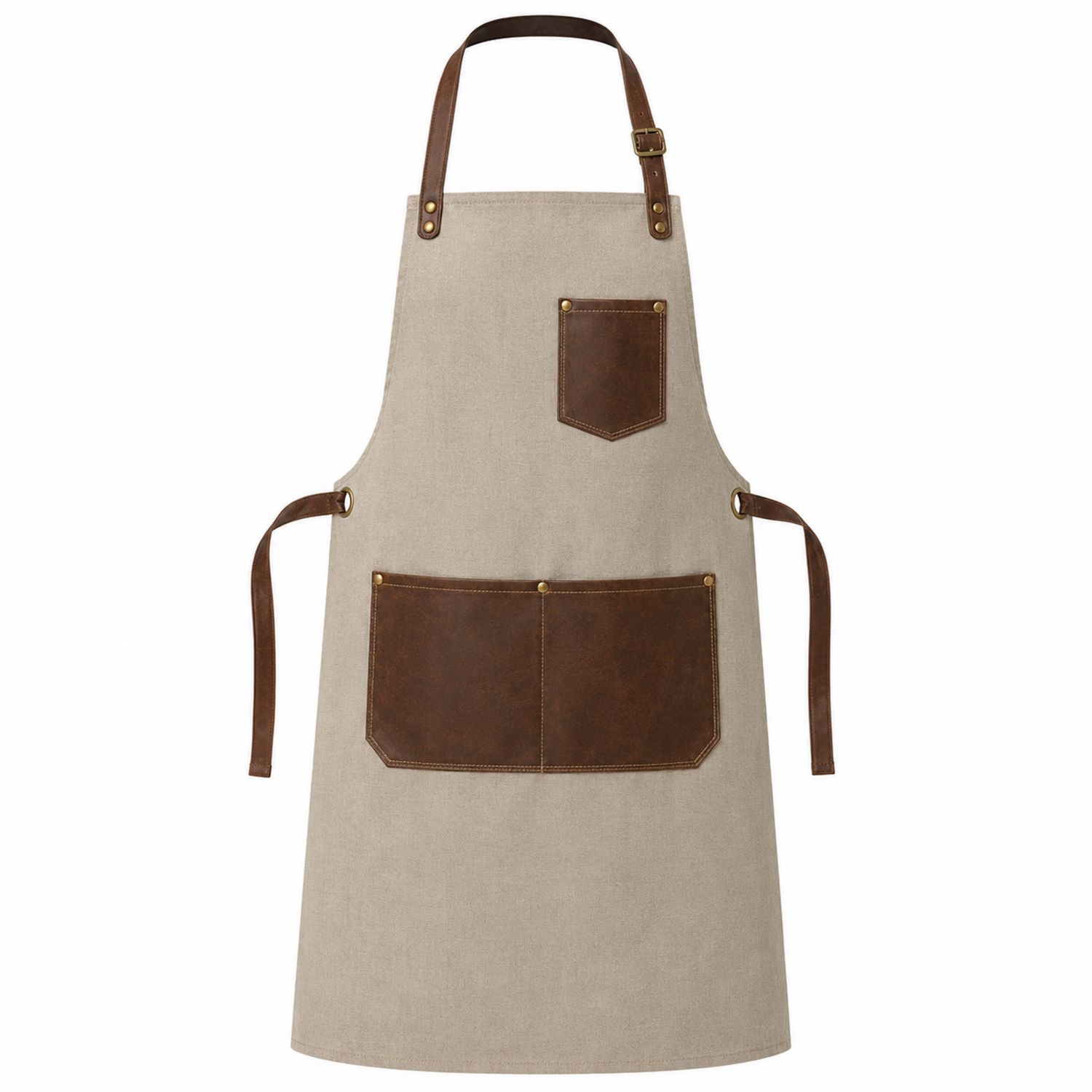 Delantal Beige con Bolsillos de Imitación Cuero