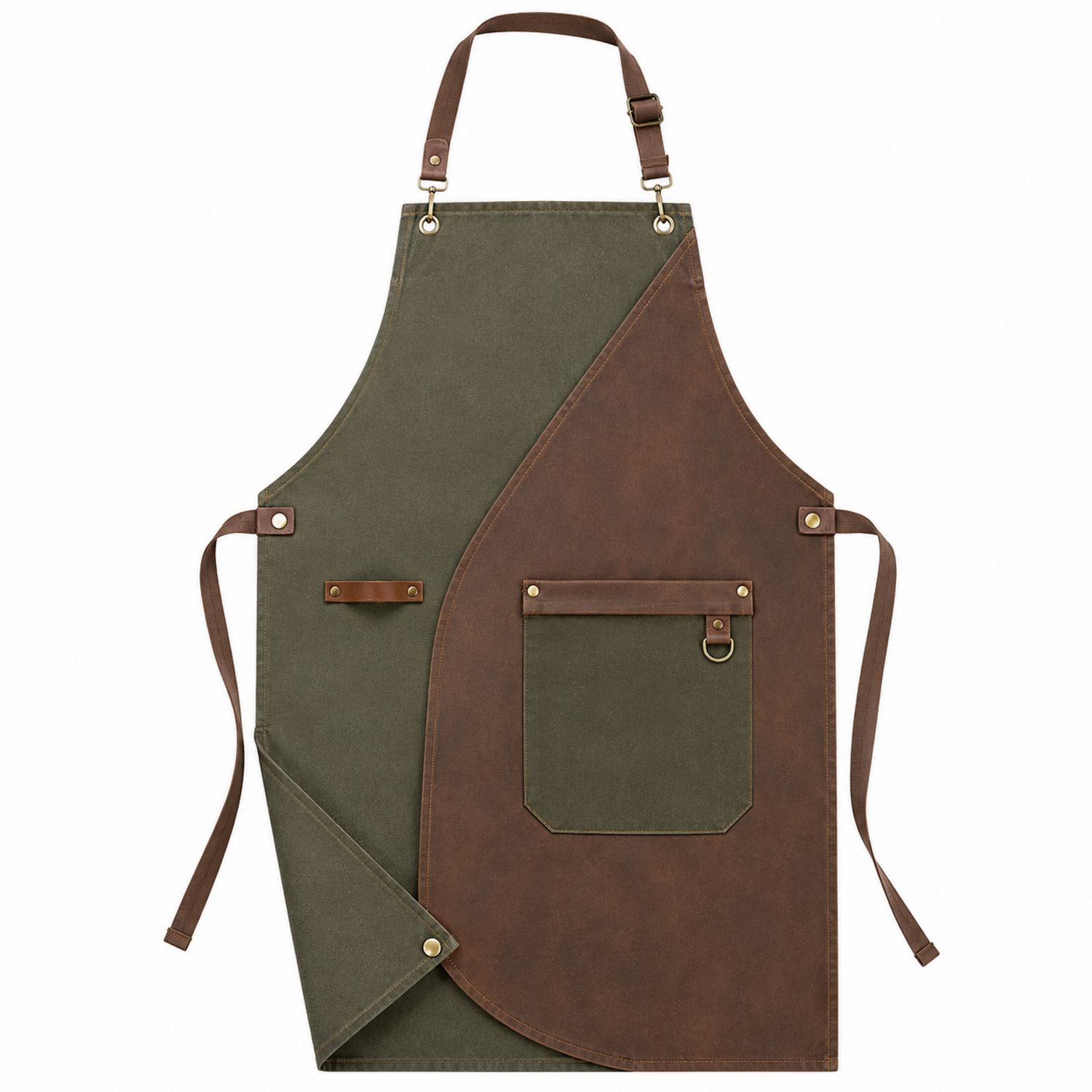 Delantal de Cocina Verde y Marrón con Bolsillo Grande