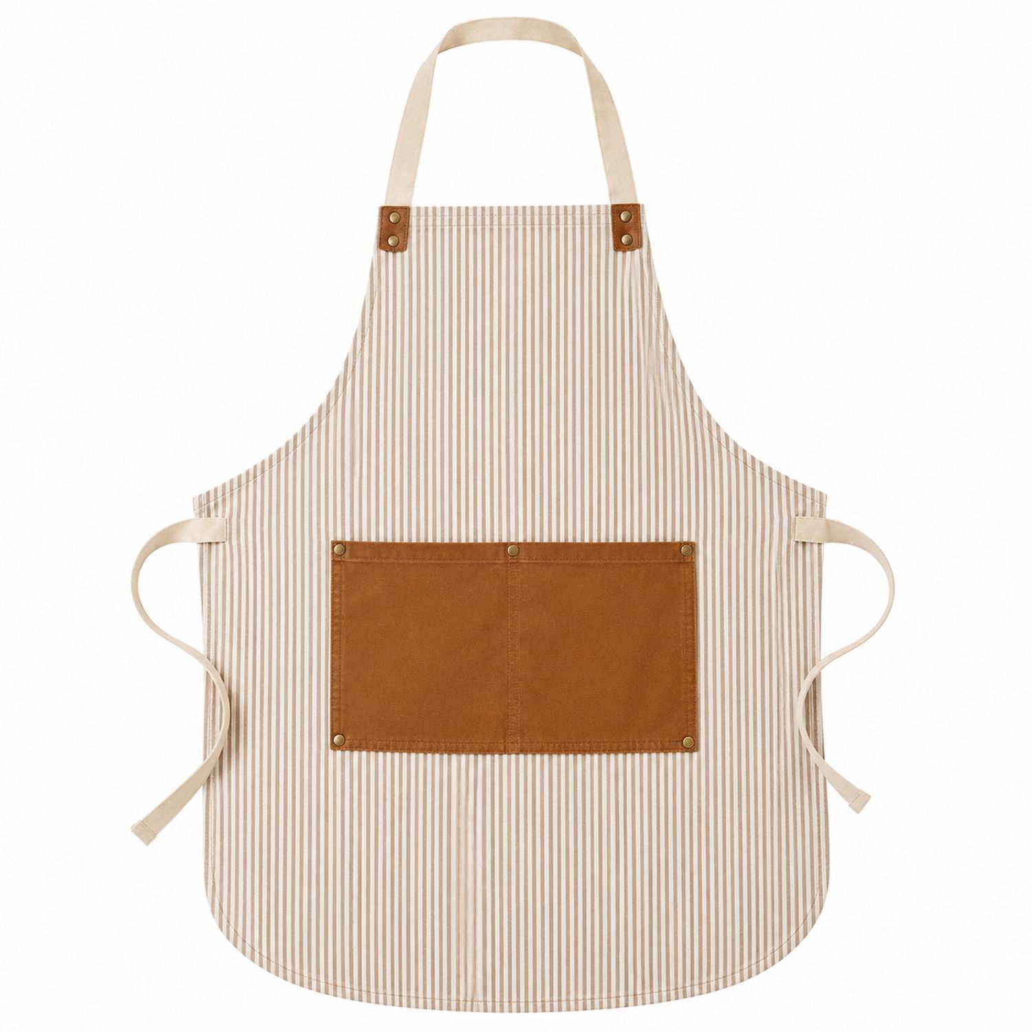 Delantal de cocina para adultos a rayas beige con bolsillo marrón