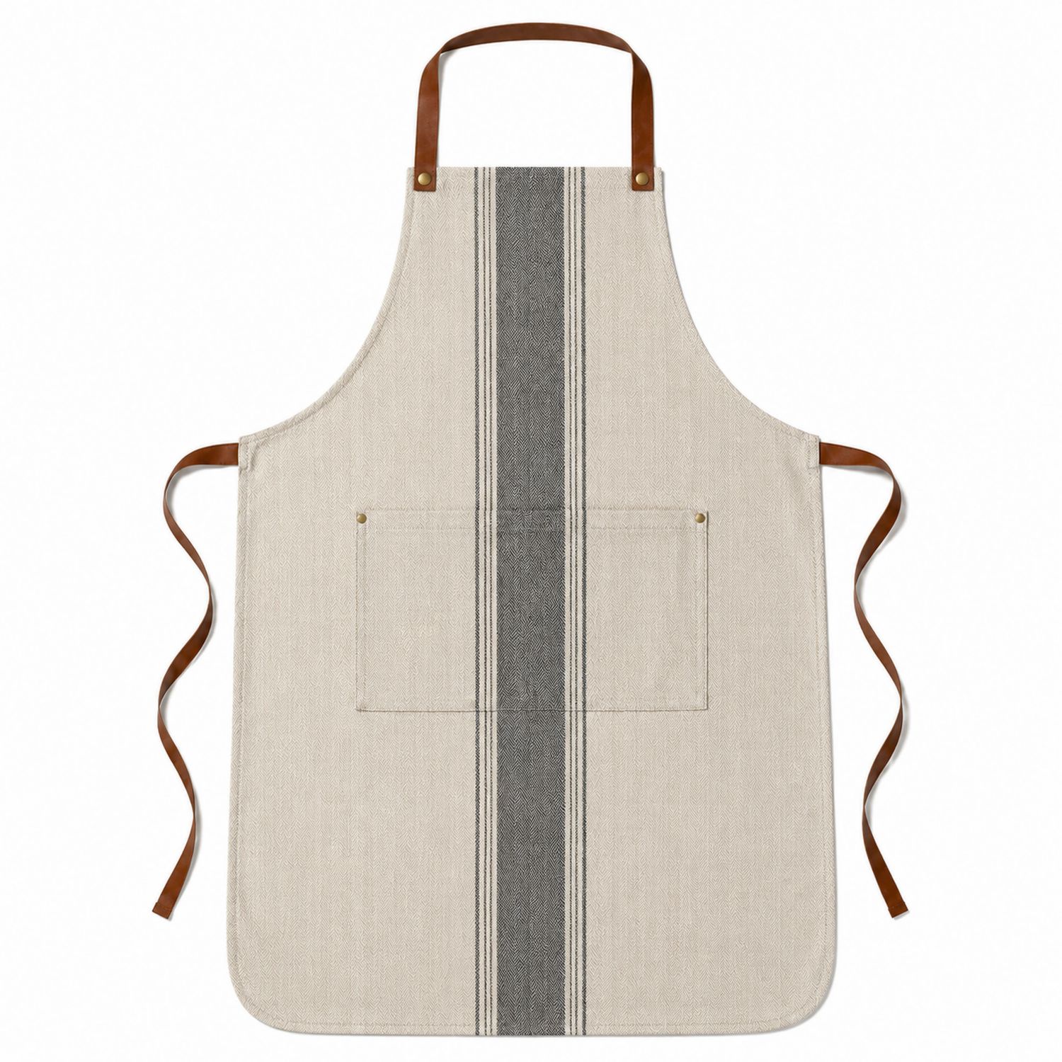 Delantal de Cocina Beige con Rayas Negras y Correas Marrones