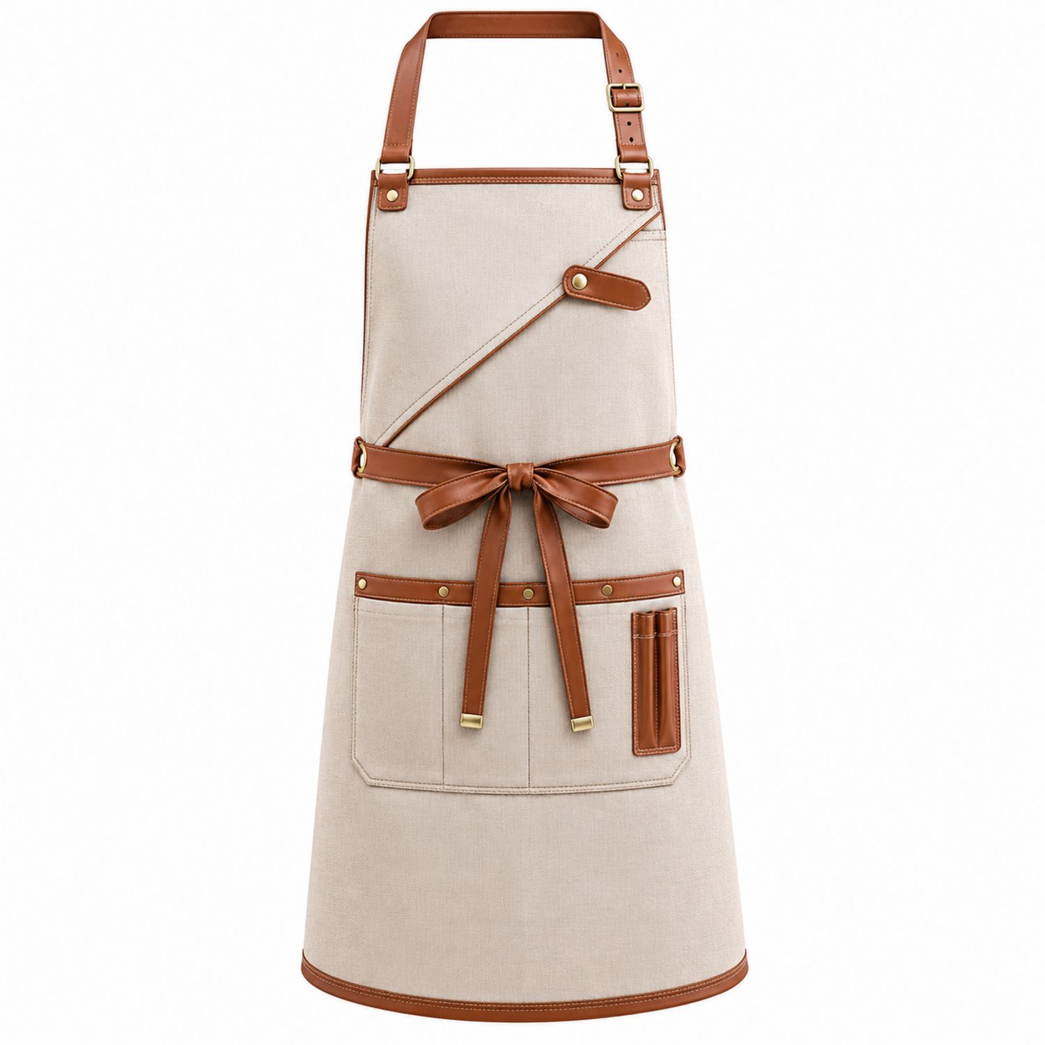 Delantal de Lona Beige con Bolsillos y Correas Ajustables Marrones