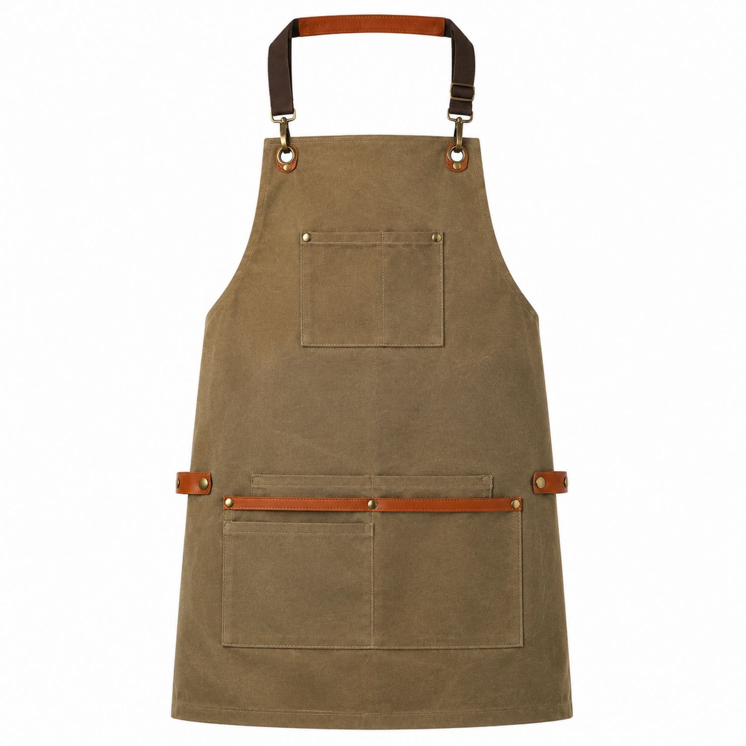 Delantal de Cocina Ajustable Caqui con Correas de Cuero Marrón