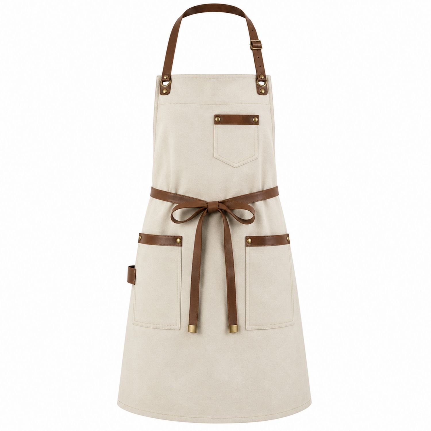 Delantal Beige con Correas Marrones Ajustables y Bolsillos
