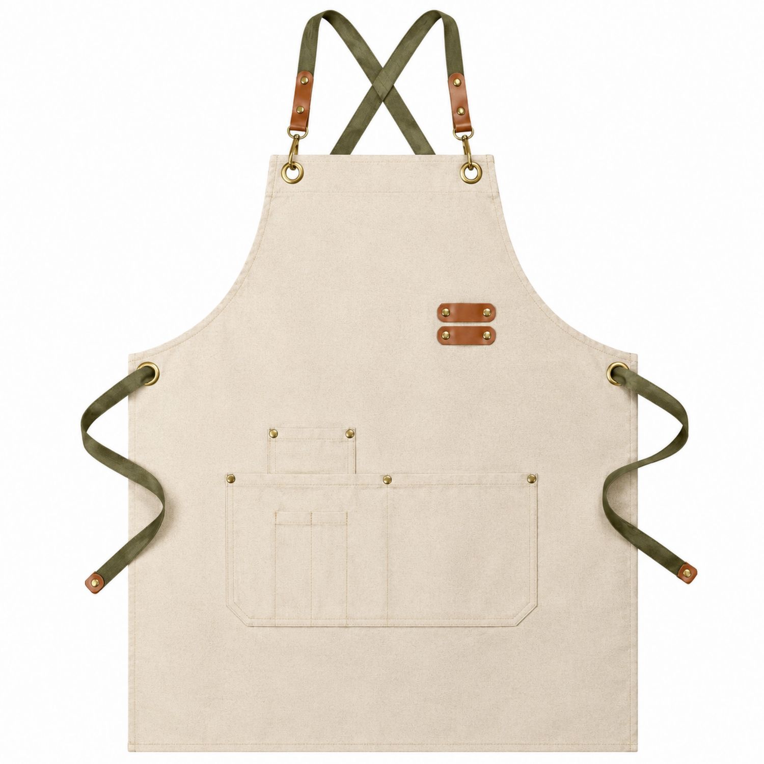 Delantal Beige con Bolsillos Ajustables y Correas Verdes