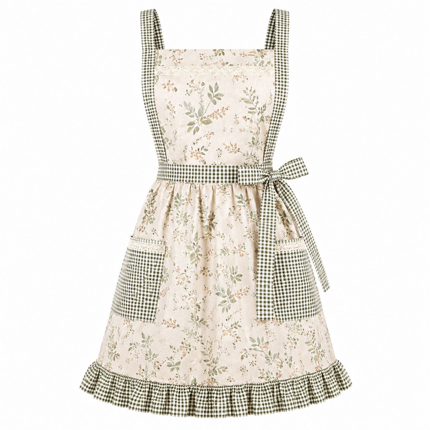 Delantal de Cocina Vintage Floral con Volantes Beige y Verde