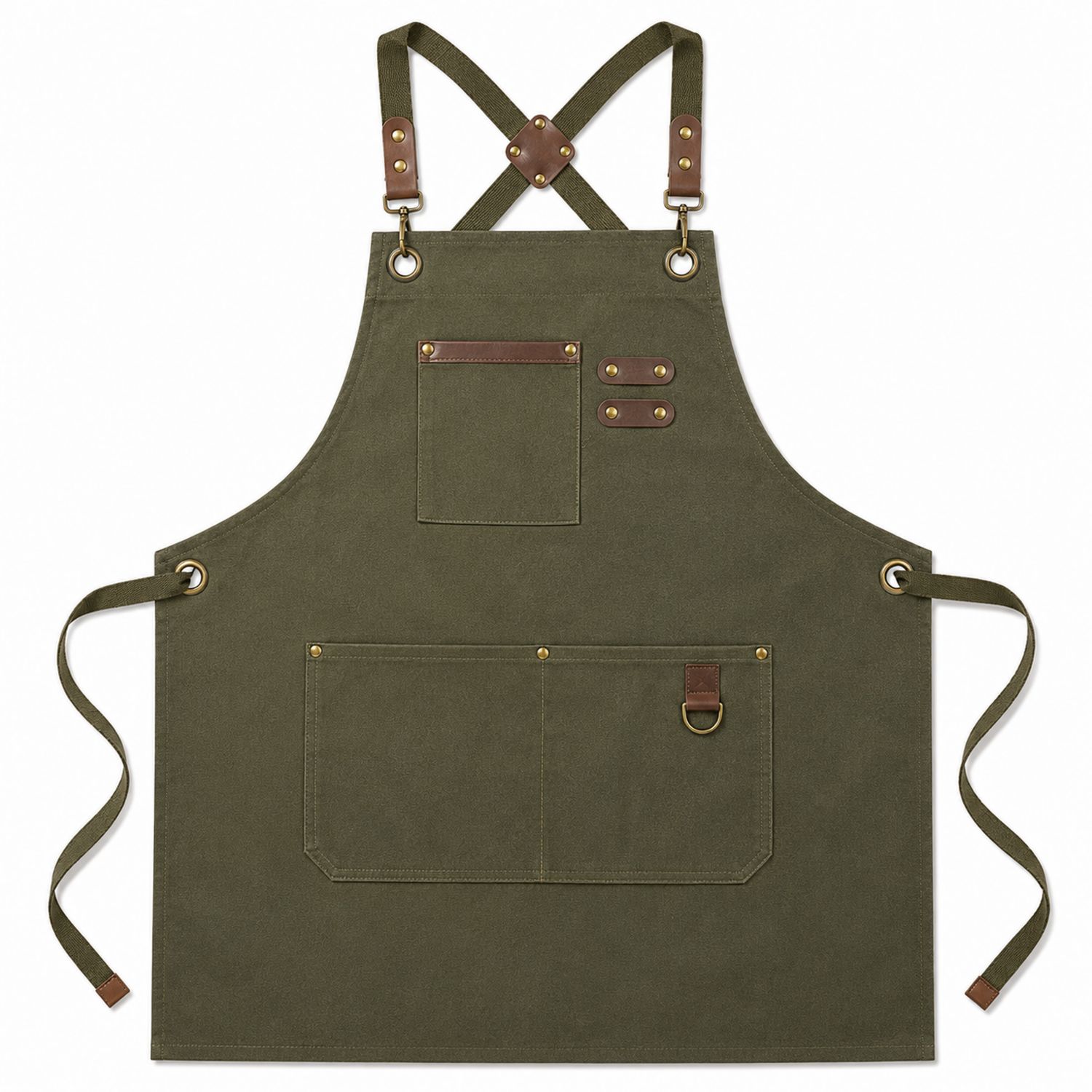 Delantal de Trabajo Verde Oliva con Bolsillos y Detalles de Cuero