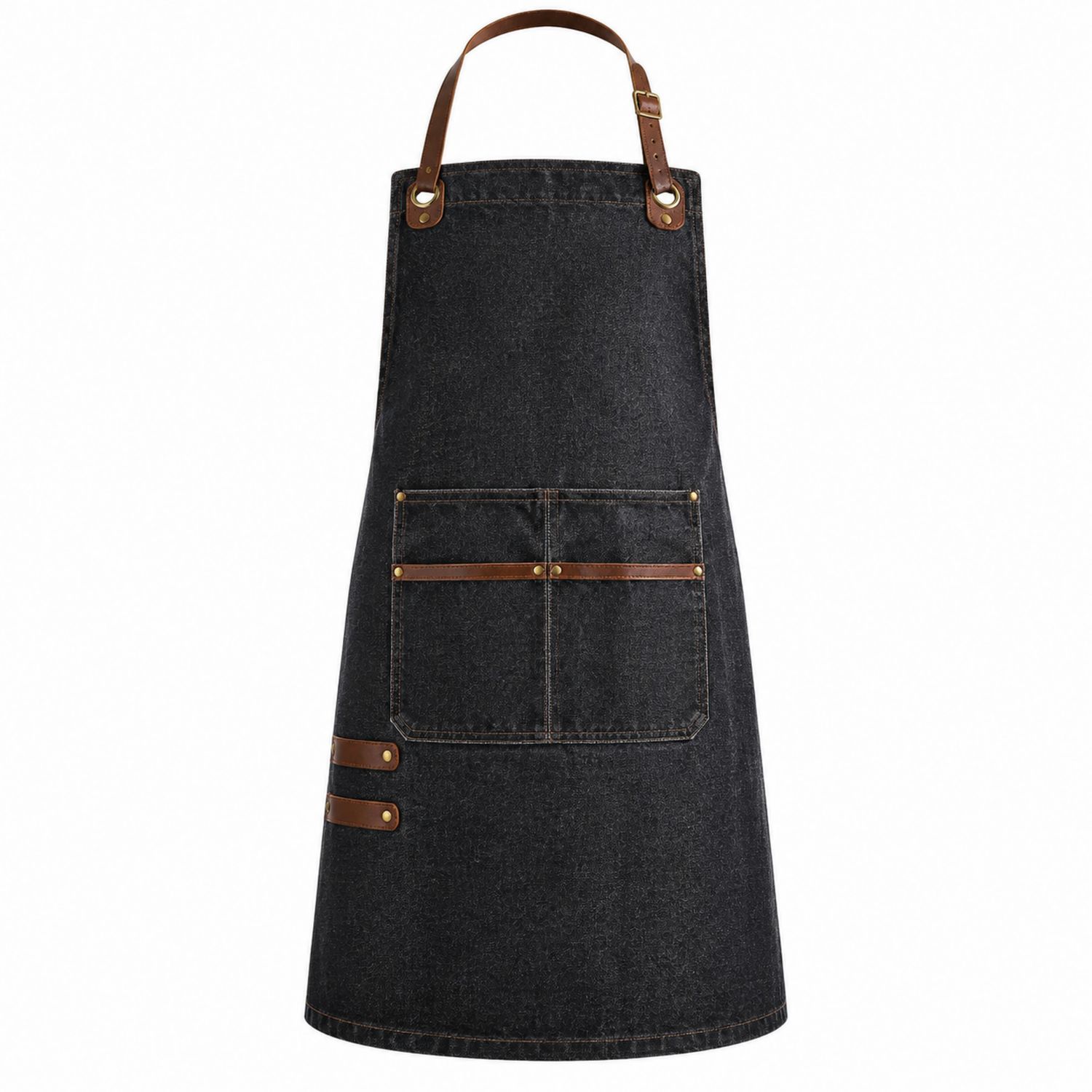 Delantal Unisex Negro con Bolsillo y Correas de Cuero Ajustables