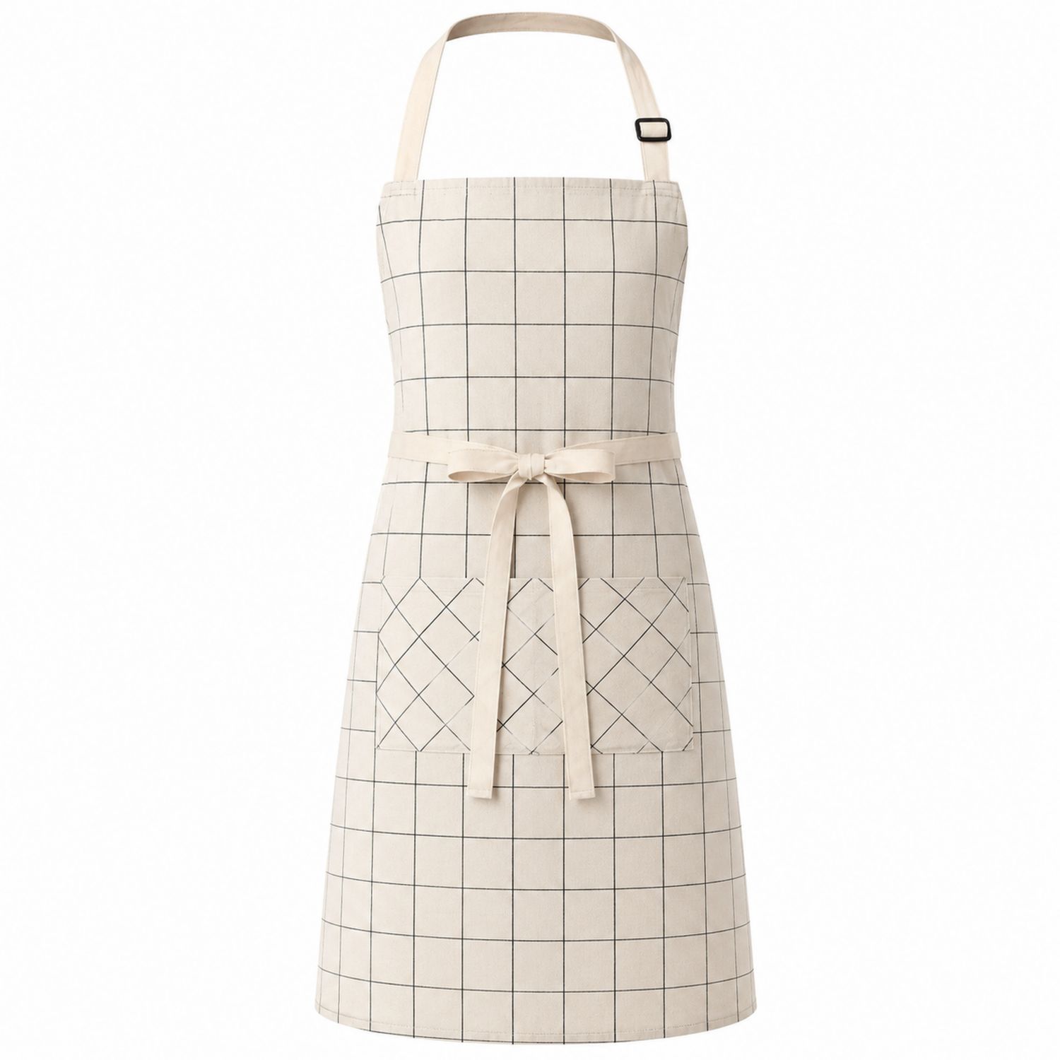 Delantal de Cocina Beige con Cuadros y Bolsillos