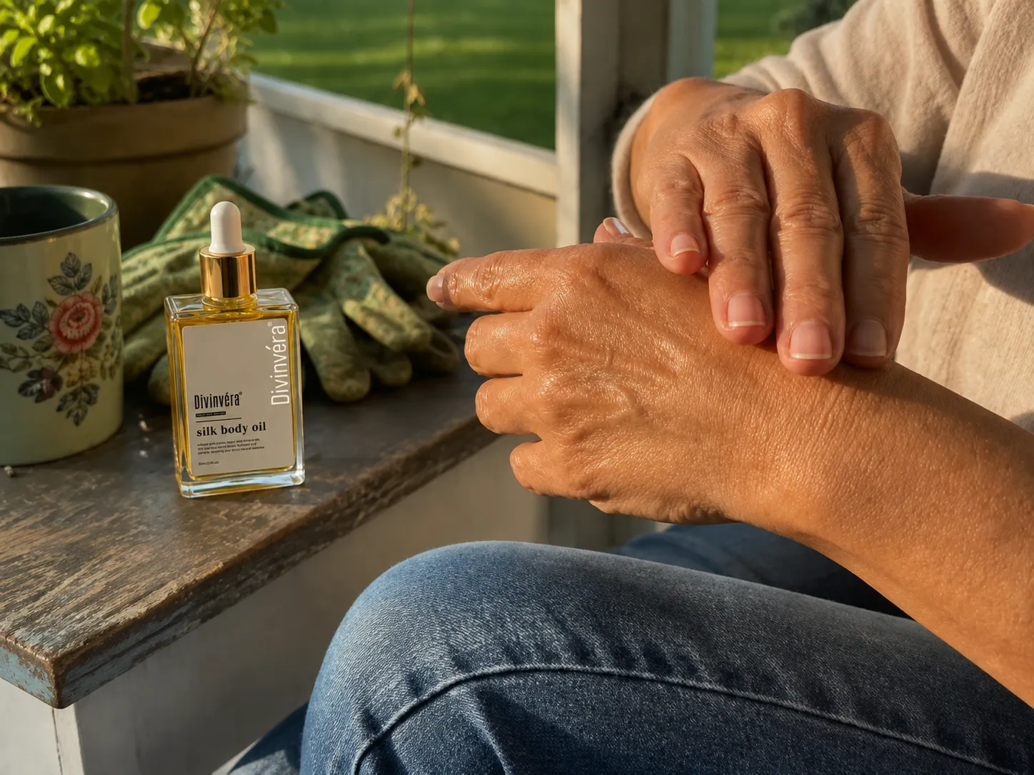 Woman massaging body oil into her hands after gardening