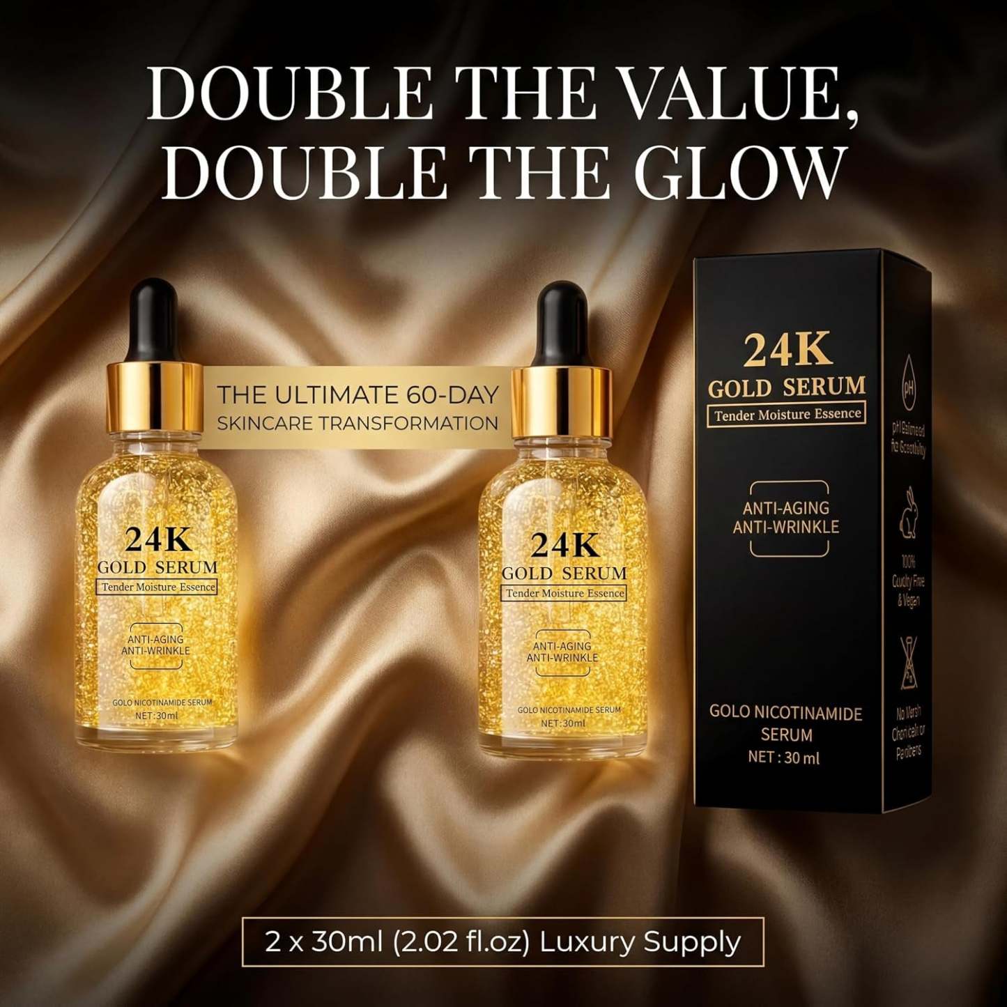 24K Gold Serum for Face, 2-Pack Anti-Aging Moisturizer with Vitamins