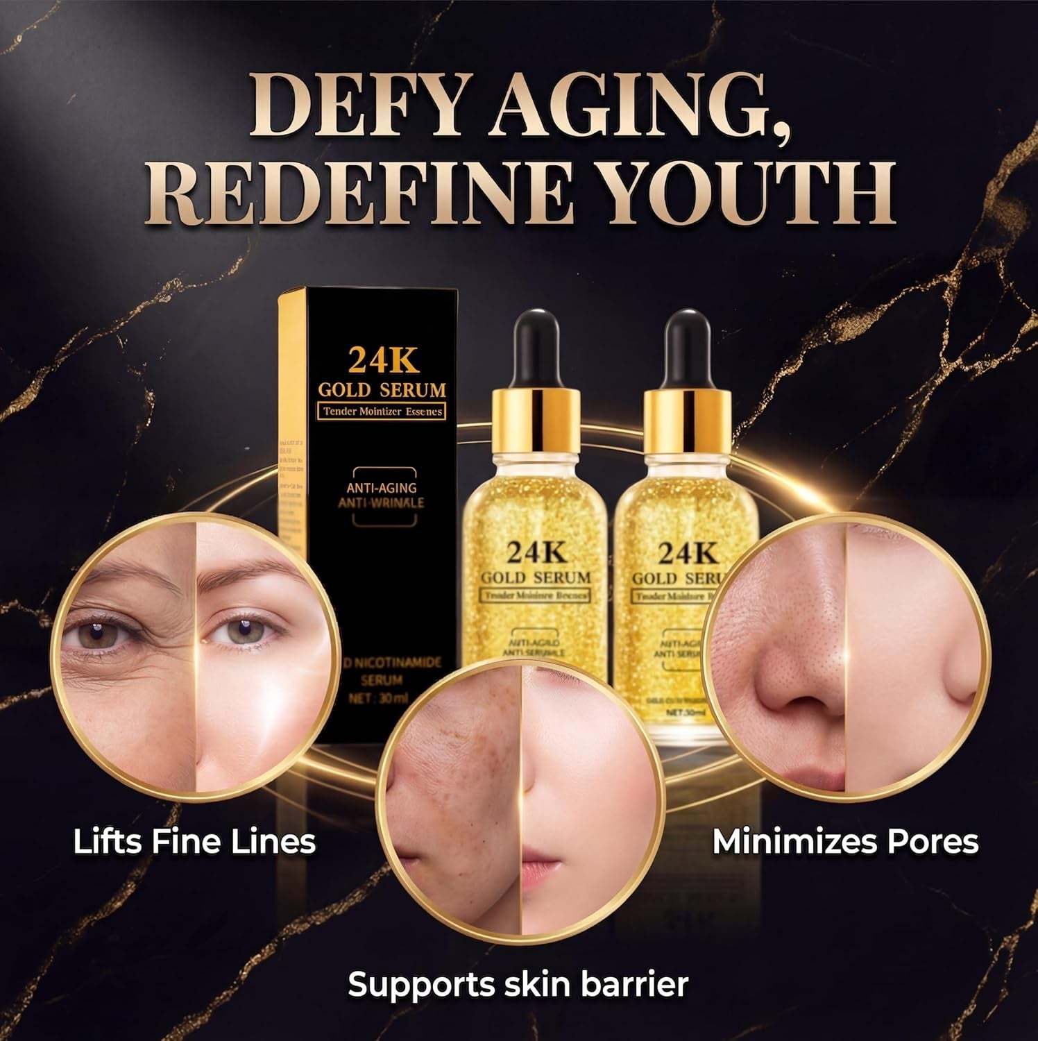 24K Gold Serum for Face, 2-Pack Anti-Aging Moisturizer with Vitamins