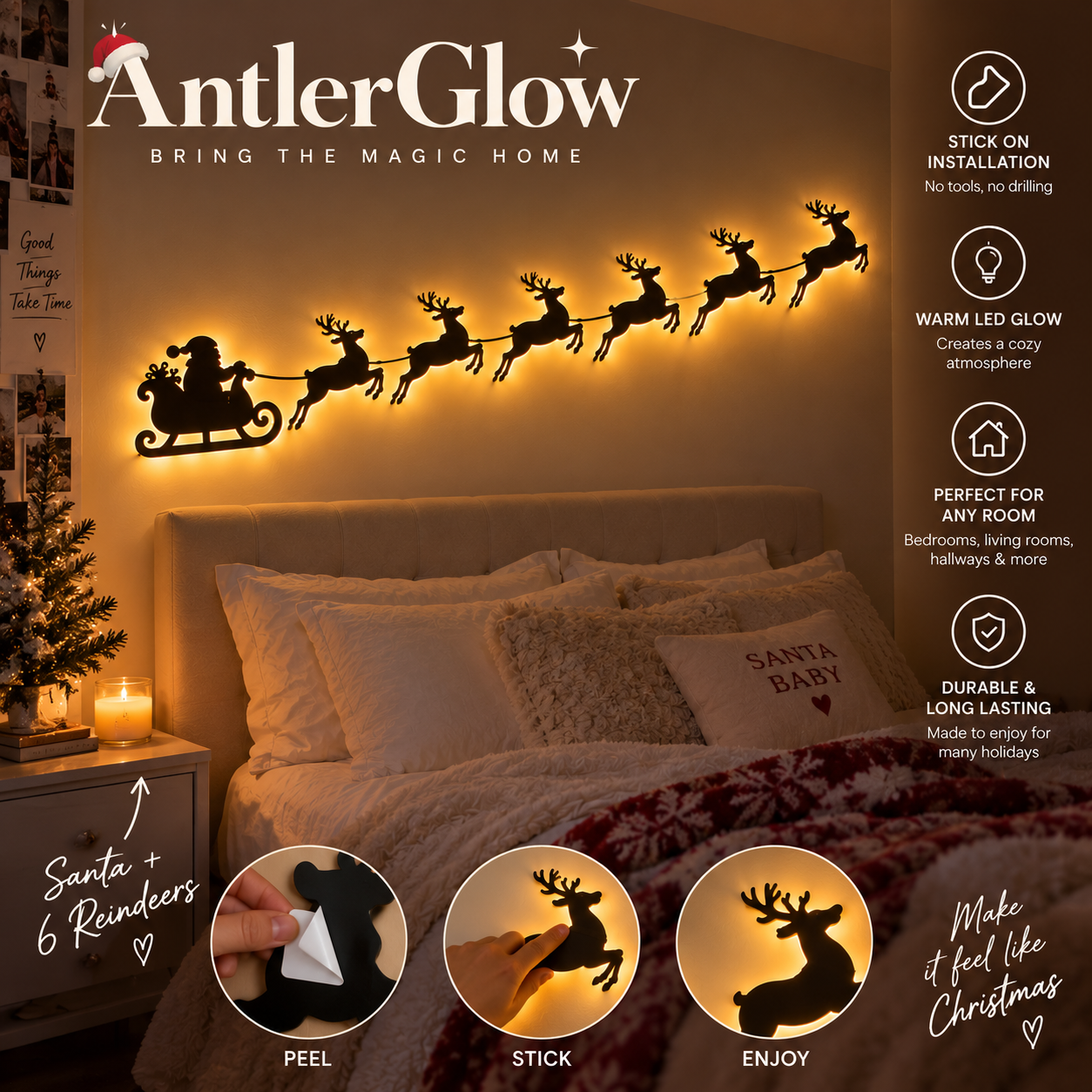 Christmas Reindeer LED Wall Light – Santa’s Sleigh Holiday Decoration