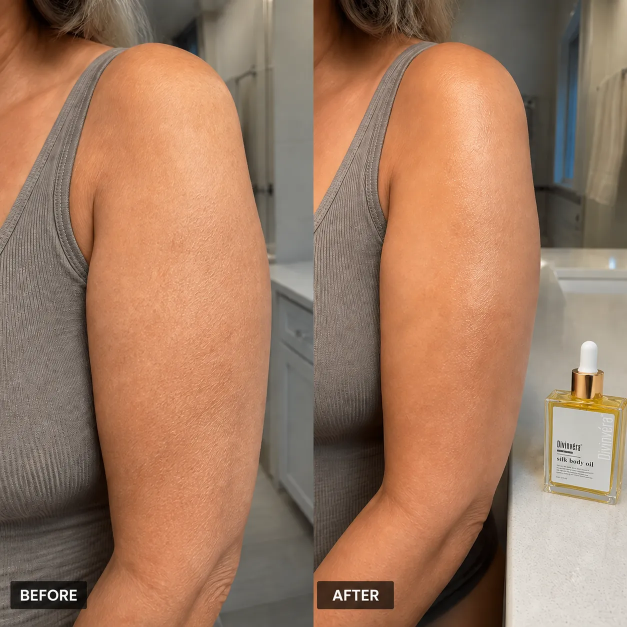 Upper-arm texture before and after a moisturizing body-oil routine