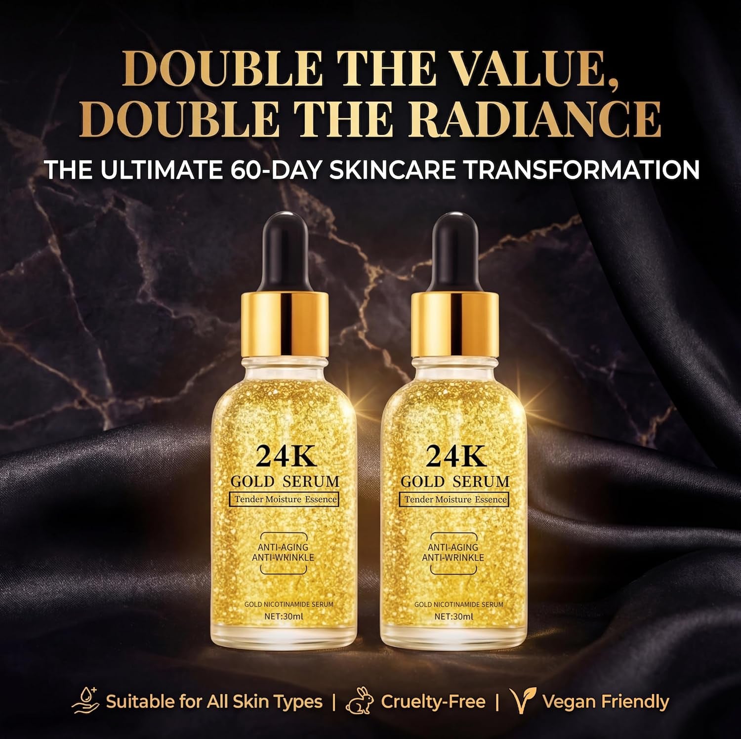 24K Gold Serum for Face, 2-Pack Anti-Aging Moisturizer with Vitamins