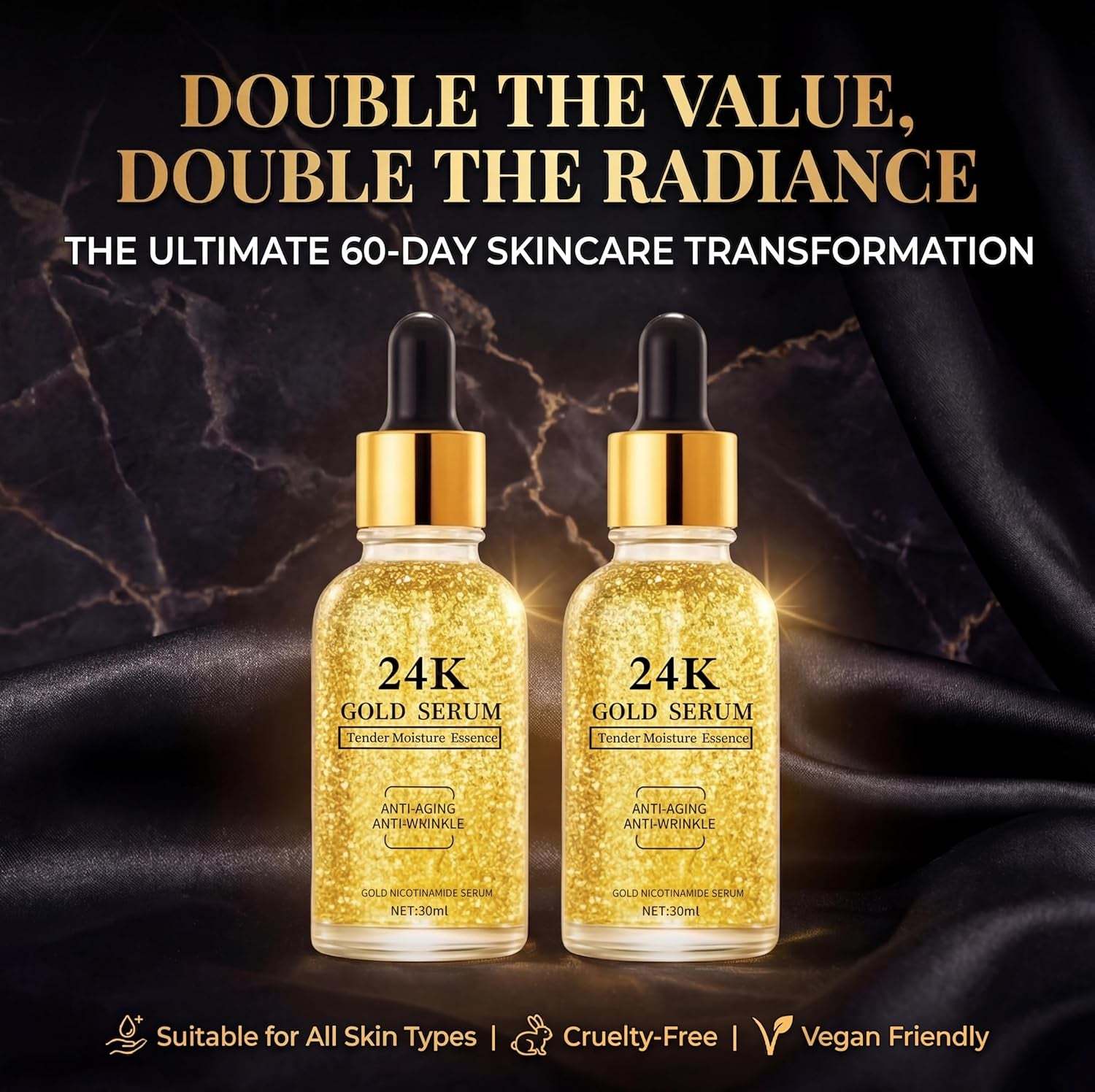 24K Gold Serum for Face, 2-Pack Anti-Aging Moisturizer with Vitamins