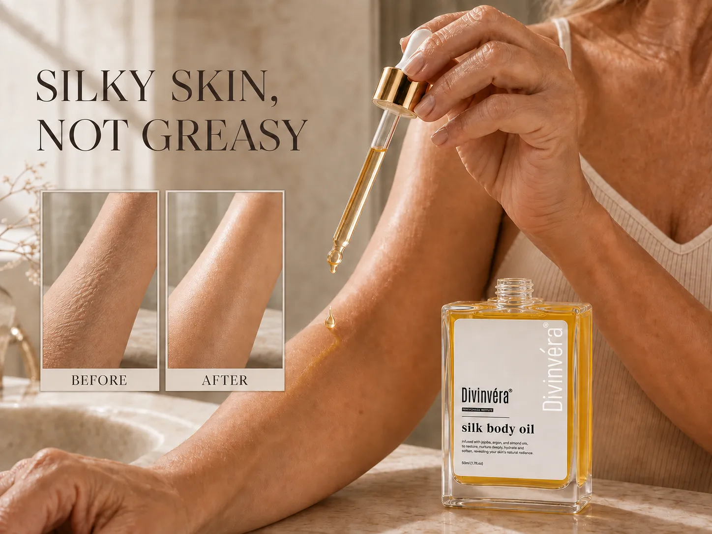 Mature woman applying fast-absorbing body oil after a shower