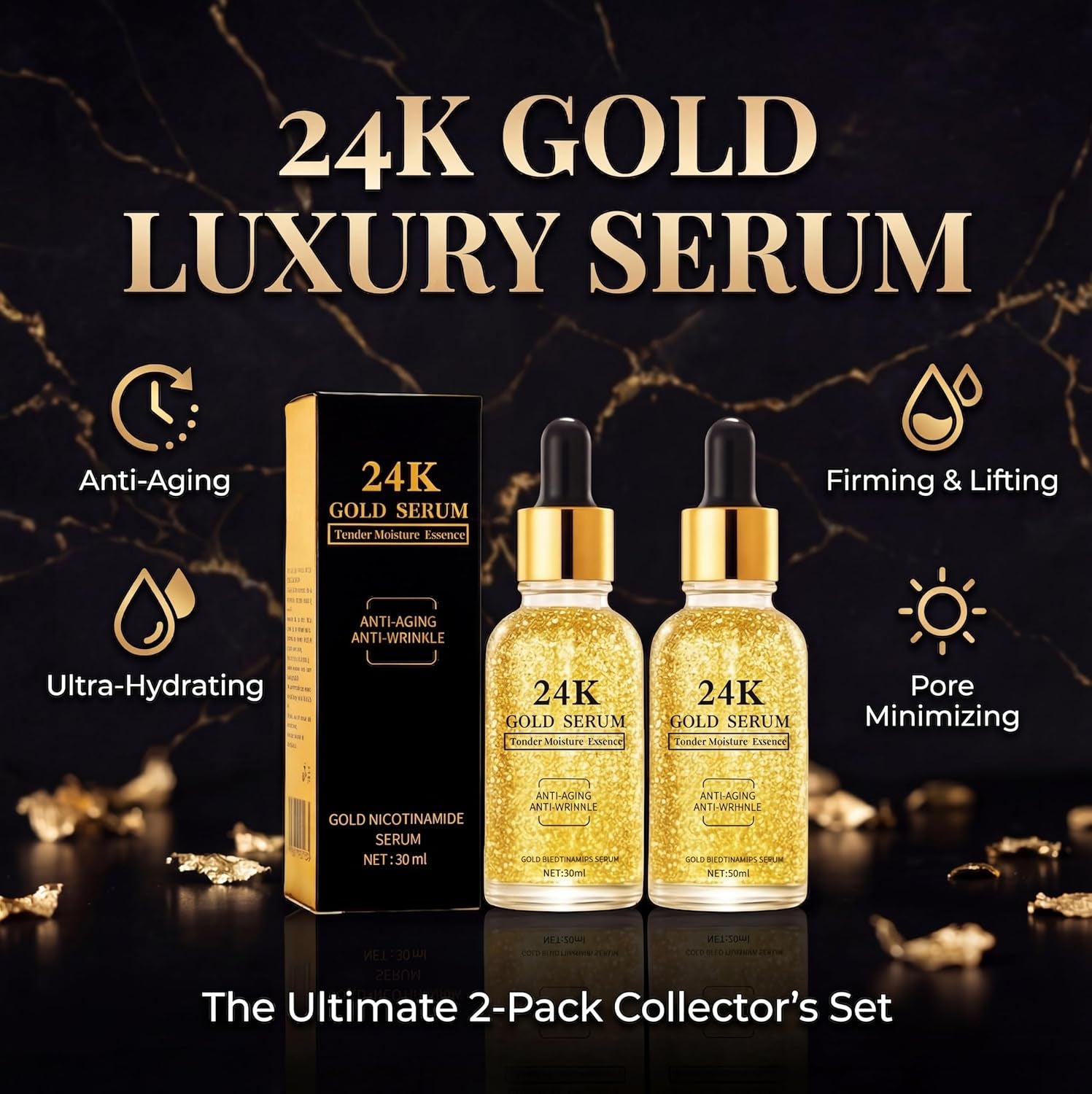 24K Gold Serum for Face, 2-Pack Anti-Aging Moisturizer with Vitamins