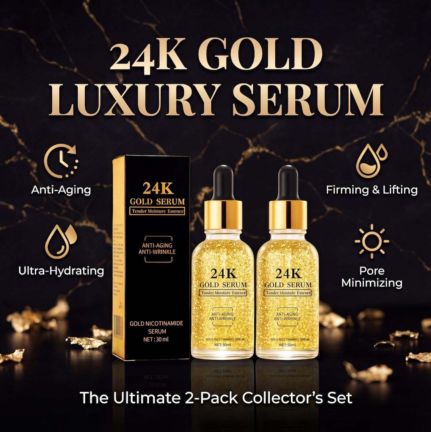 24K Gold Serum for Face, 2-Pack Anti-Aging Moisturizer with Vitamins