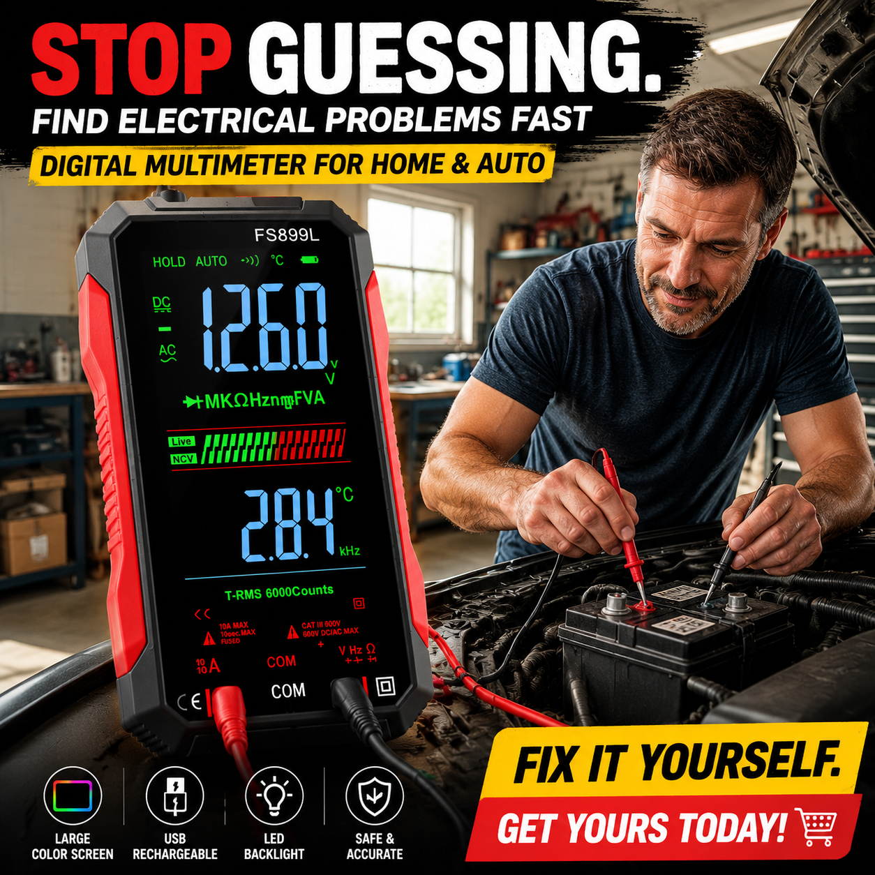 ⚡USB Rechargeable Digital Multimeter🔋– 6000 Counts, Large Color Screen & Backlight! 🛠️🔌